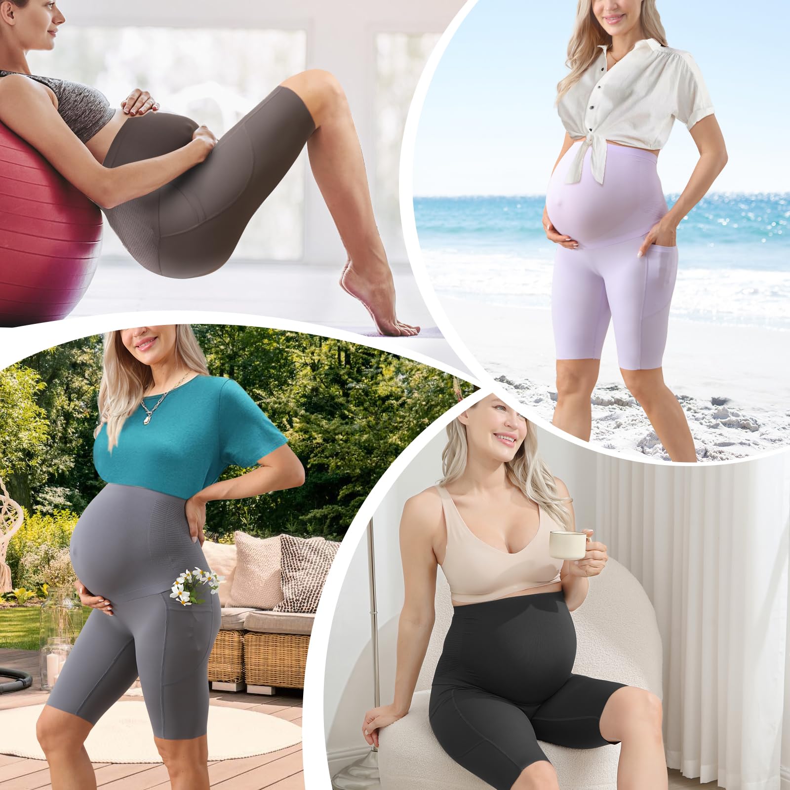 Maternidad Pantalones Cortos,Leggings Premamá Cortos Embarazo con Bolsillos,Ropa Premamá Verano Mujer,Premamá Leggins Pantalones Cortos sobre el Vientre,Cintura Alta Gris