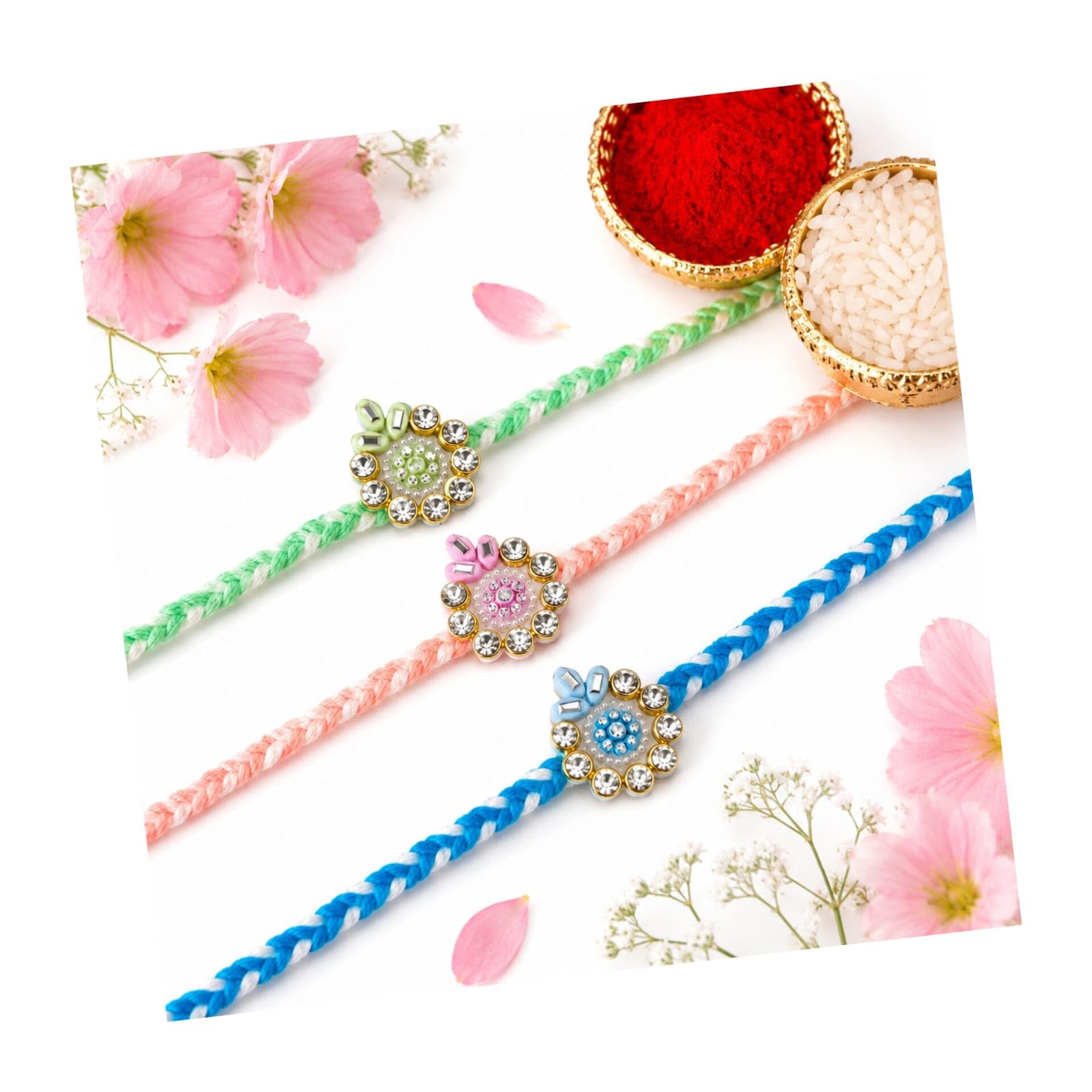 Set of 3 Premium Rakhi for Brother, Pastel Floral Stone Handcrafted Designer Rakhi Combo Pack with Roli Chawal for Rakshabandha, Bhaiya Rakhi, Gift for Family-image-30