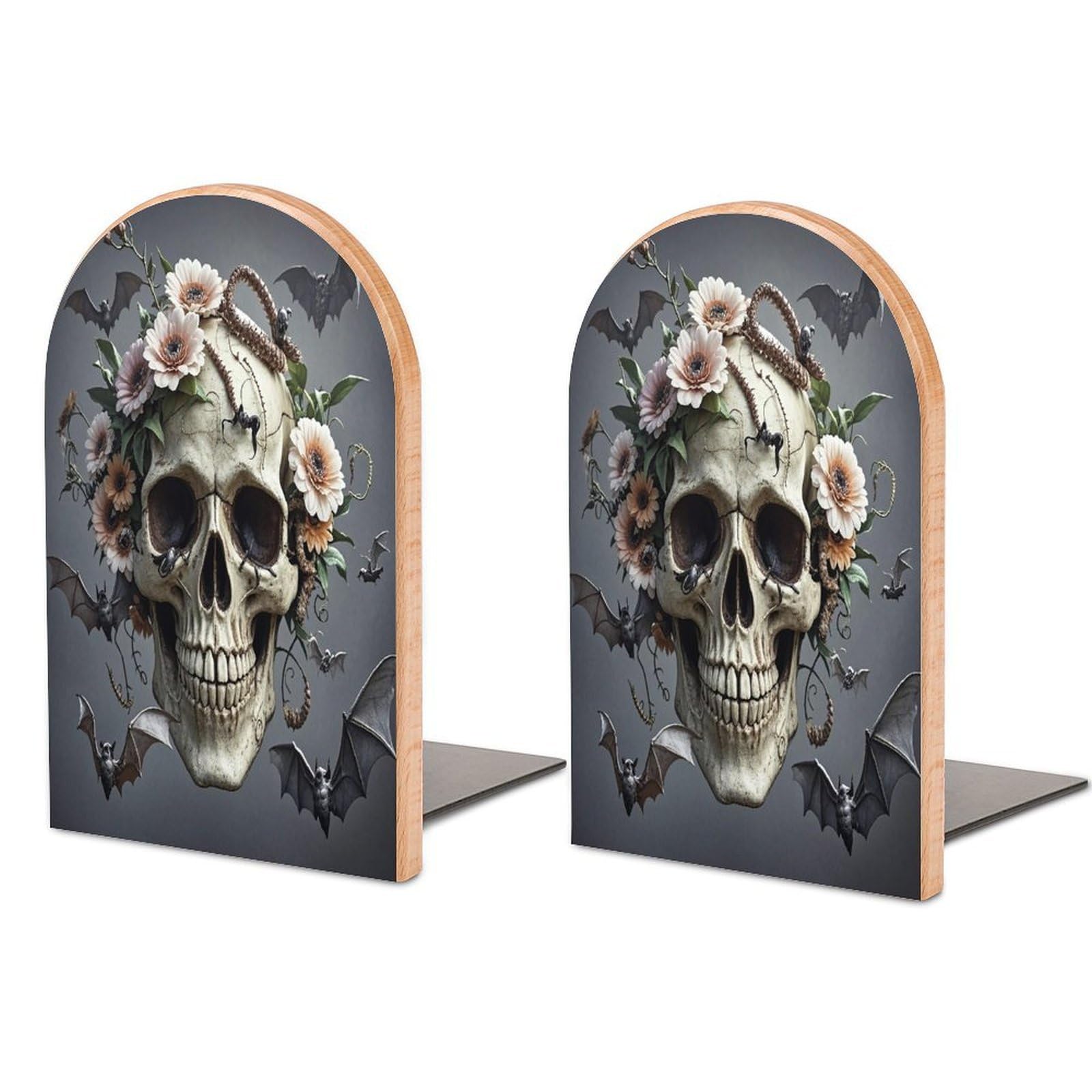 Skull Flower Bookend for Shelves Unique Book End Sturdy Books Holder Heavy Duty Wooden Bookends Support Non-Slip Book Organizers Decorative Modern Bookend Holder for Home