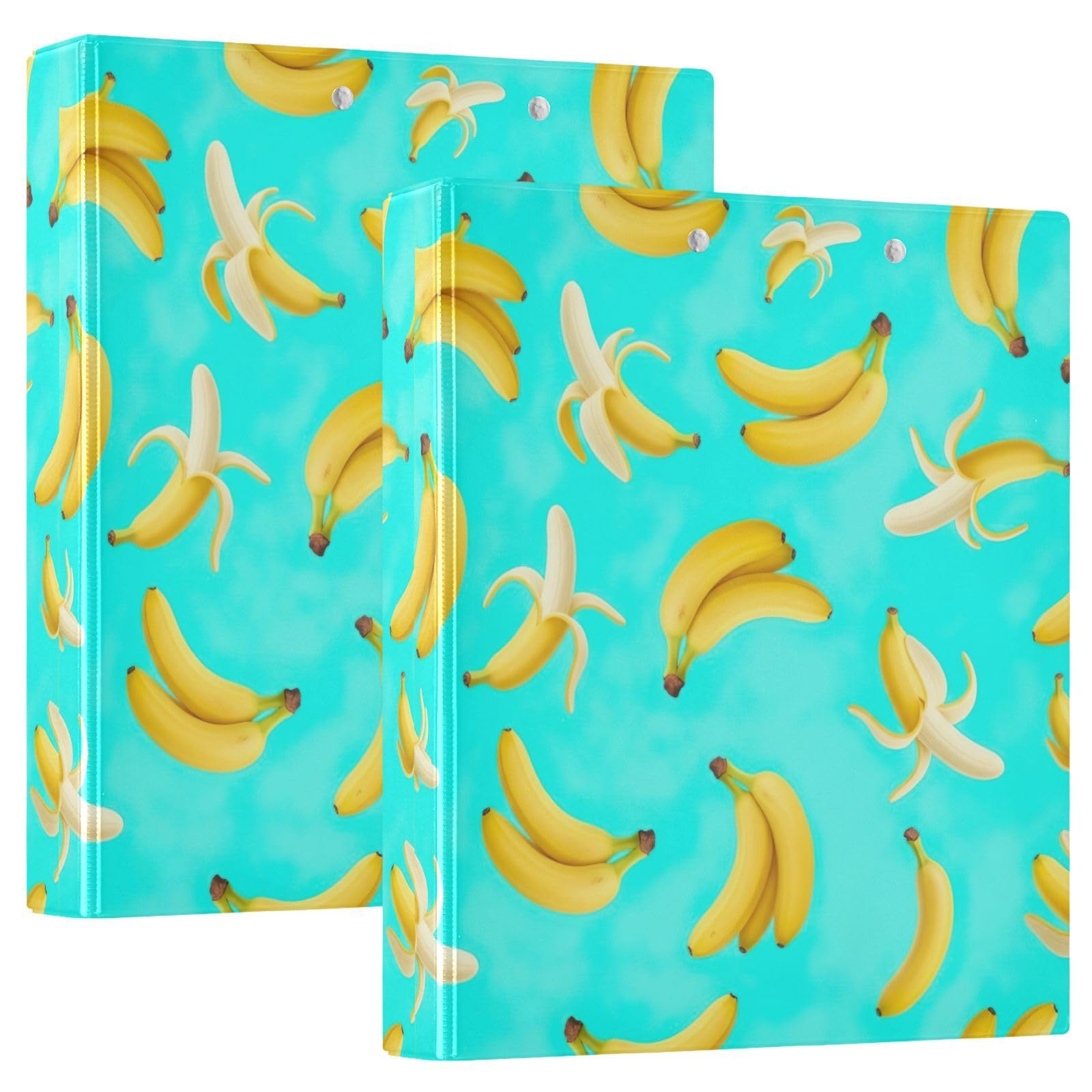 Confezione da 2 raccoglitori a 3 anelli, motivo banane in stile cartone animato, con tasche, grandi, per scuola, università, ufficio