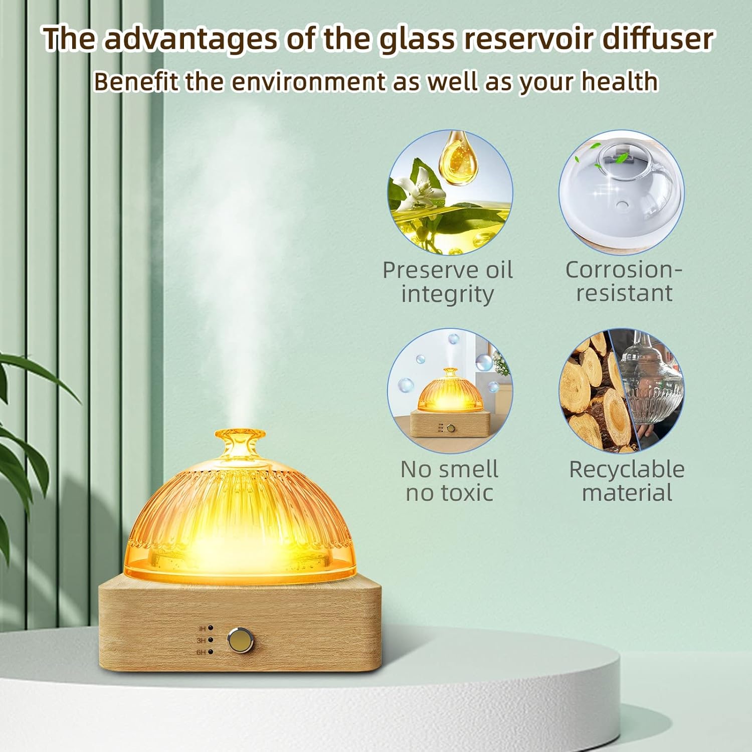 Glass Essential Oil Diffuser 200ml All Glass Reservoir Wood Base Dusk