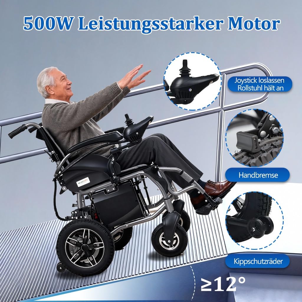 Rollstuhl Elektrisch Faltbar, 25kg Leicht, 30km Reichweite, 2×250W Motor, 25.6V 20Ah Lithiumbatterie, Leicht Aluminiumrahmen bis 125kg, mit Joystick, Sicherheitsbremse, für Reisen geeignet