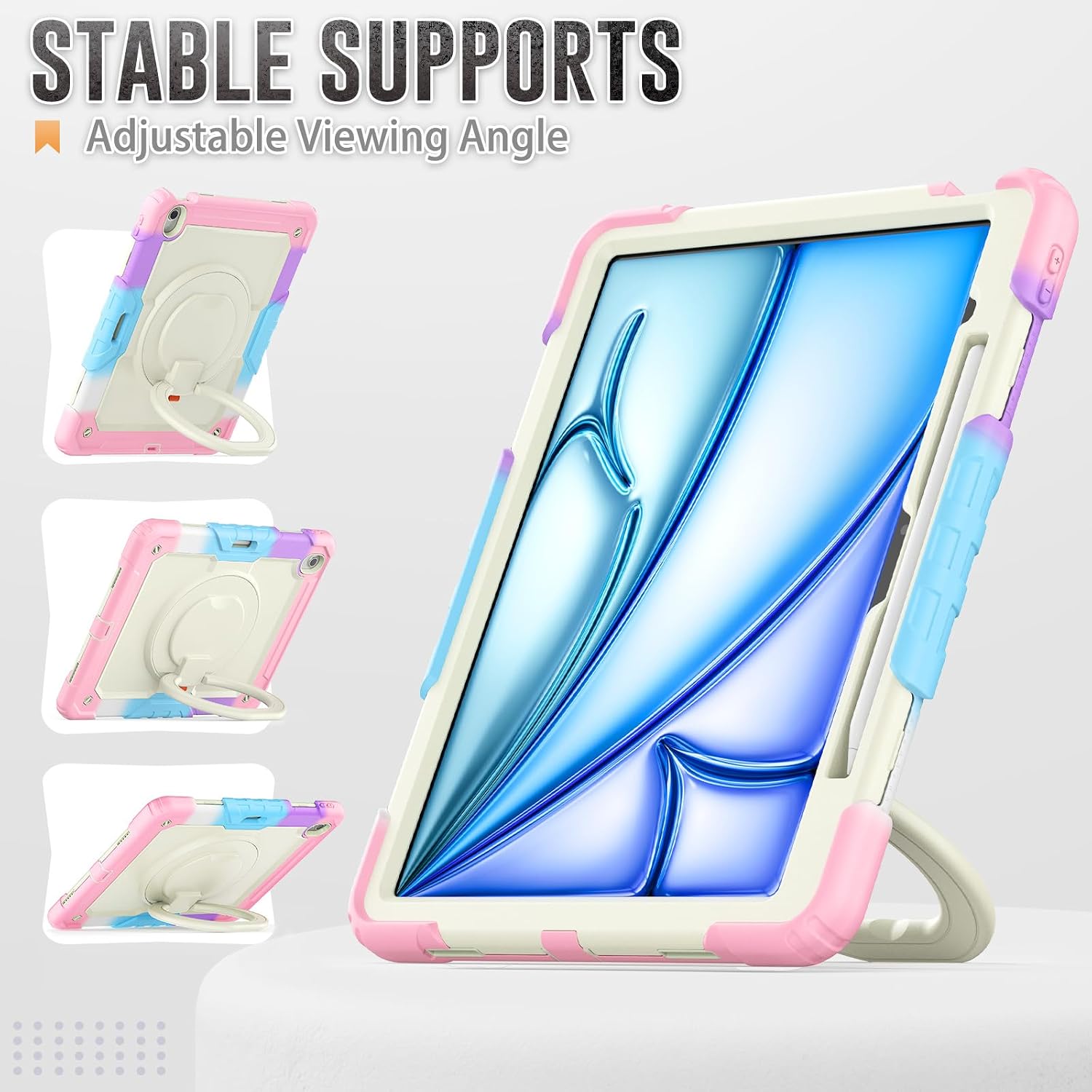 for iPad Air 13 Inch Case M4 2026 / M3 2025 / M2 2024, Heavy Duty Shockproof Protective Case with Rotating Handle & Stand- Shoulder Strap- Screen Protector- Pencil Holder, Rainbow Pink