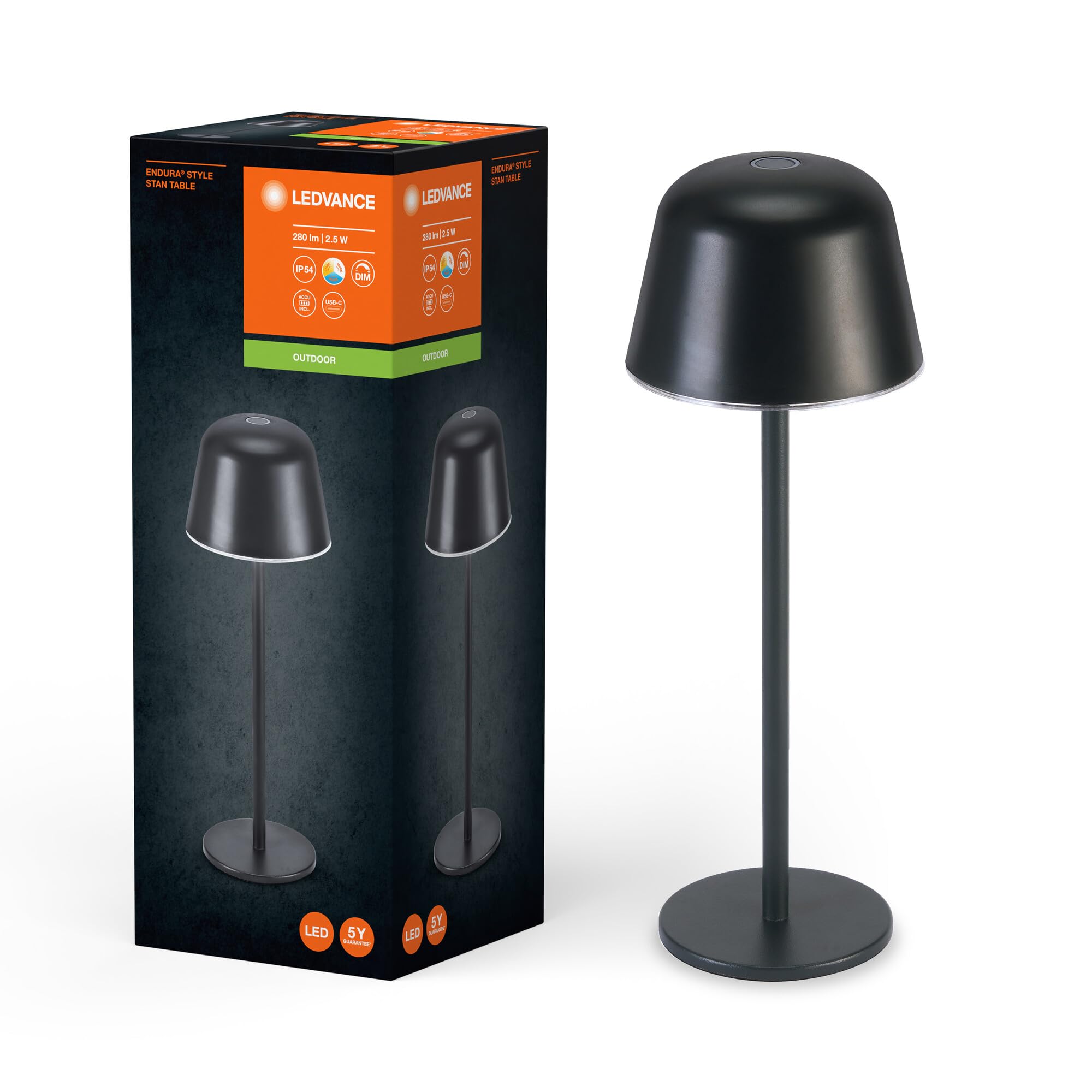 LEDVANCE Endura Style Table Outdoor Light, 2.5W, 200lm, Dark Gray, Table Light, Rechargeable Battery, IP54 Protection, stepless dimming, Brightness Memory Function