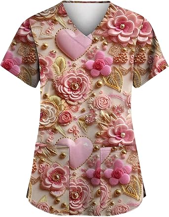 OIOLOYJM Printed Scrub Tops Women V Neck Short Sleeve Plus Size Scrubs for Womens Nursing Uniforms Shirts with Pockets