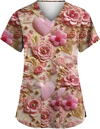 OIOLOYJM Printed Scrub Tops Women V Neck Short Sleeve Plus Size Scrubs for Womens Nursing Uniforms Shirts with Pockets