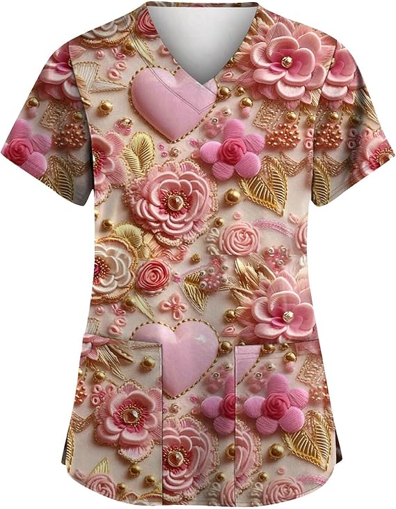 OIOLOYJM Printed Scrub Tops Women V Neck Short Sleeve Plus Size Scrubs for Womens Nursing Uniforms Shirts with Pockets