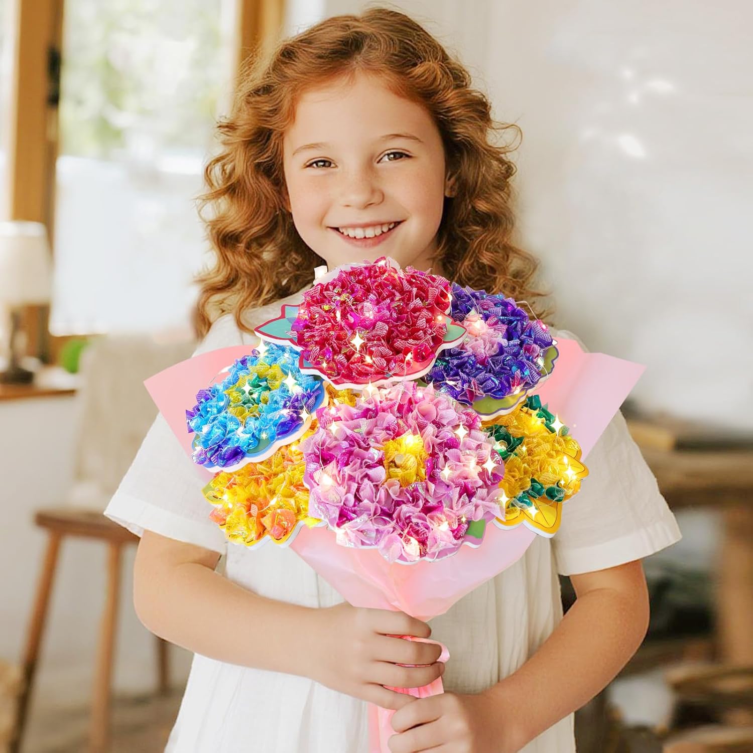 Vinkp Flower Bouquet Art Craft Kit, Arts and Crafts for Kids Ages 4-8, Poke Kit with with 6 Flowers & 6 Light Strings, Mess-Free for Girls & Boys, Craft Gift for Girls Ages 4, 5, 6, 7, 8+