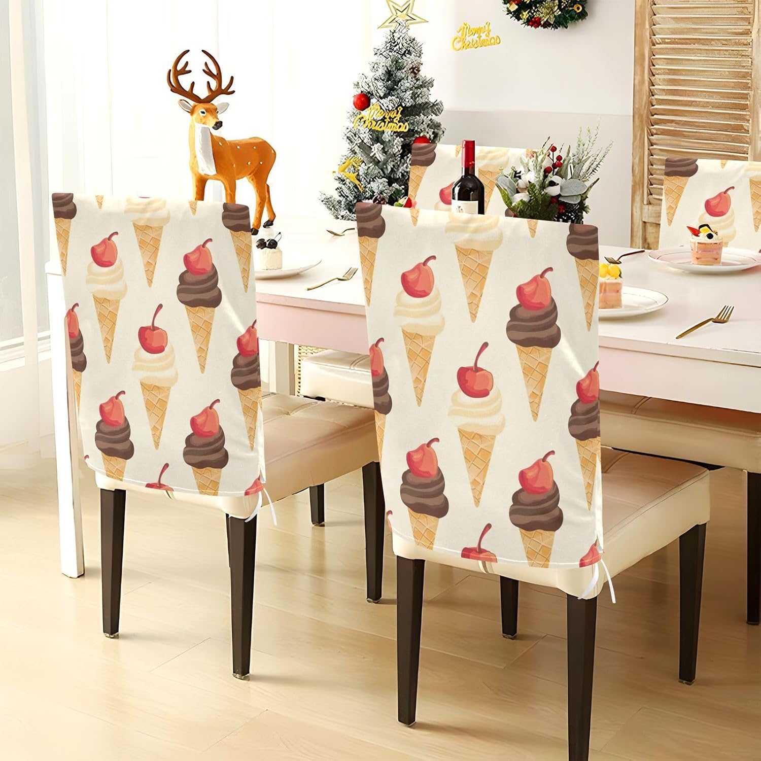 ALAZA Cherry Ice Cream Chair Back Cover Set of 6, Washable Reusable Removable Chair Slipcovers Decorative Chair Cover for Home Kitchen Wedding Party