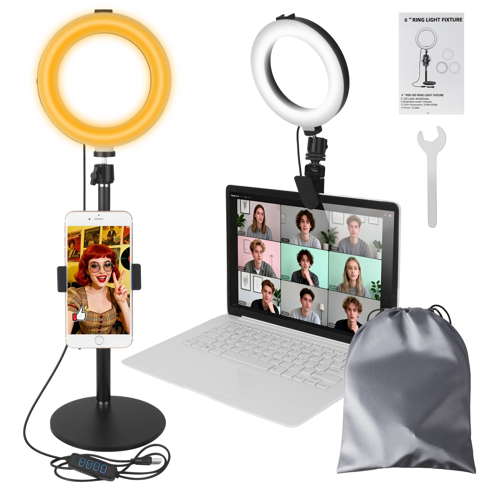 Luce ad anello con treppiede, anello a LED da 6 pollici, con 3 colori di luce e 10 livelli di luminosità, lampada selfie per computer portatile, ideale per videoconferenze, streaming, zoom, Youtube