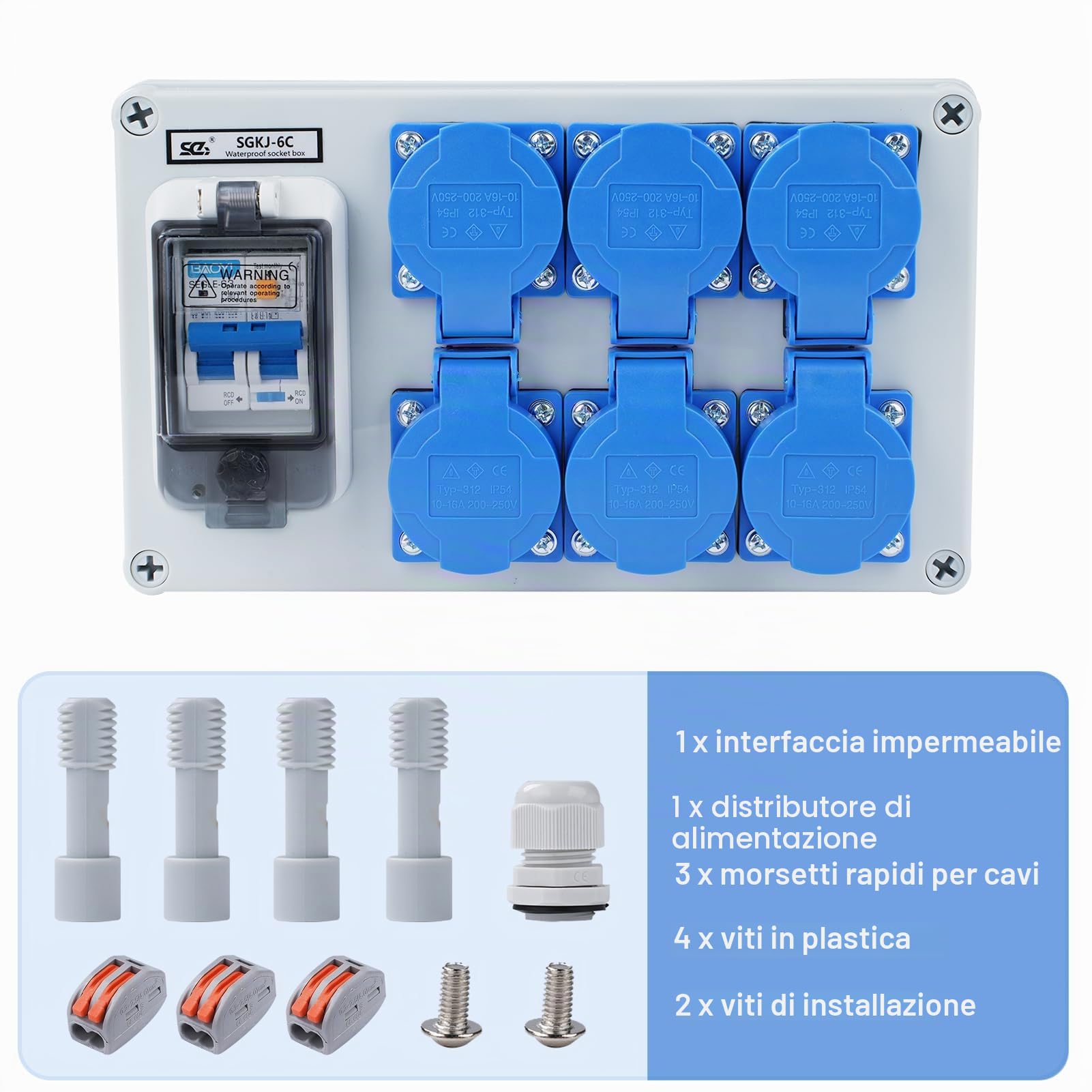 Distributore di corrente Buyweek con protezione dalle perdite RCD 50A 1P+N, scatola di distribuzione a parete con interruttore FI e prese Schuko, IP54 impermeabile(6-Way)