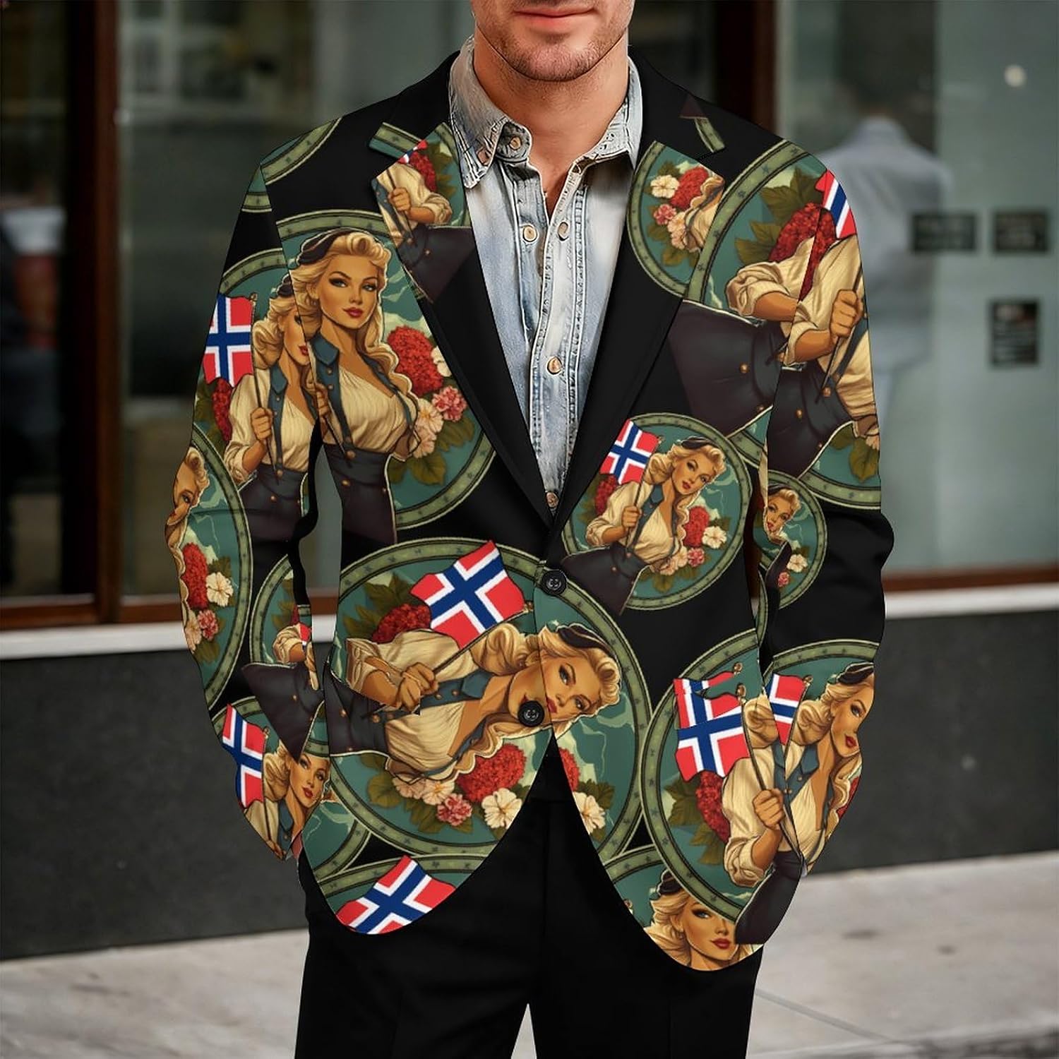 Norwegian Bunad Girl Flag Men‘s Suit Jacket with 2 Button Lapel Blazer Lightweight Business Sports Coats for Wedding Party