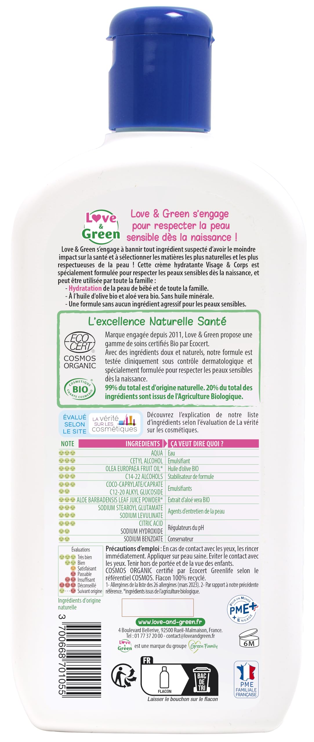 Love & Green - Crème Hydratante Visage/Corps Bio 0% 500 ml - Fabriqué en France