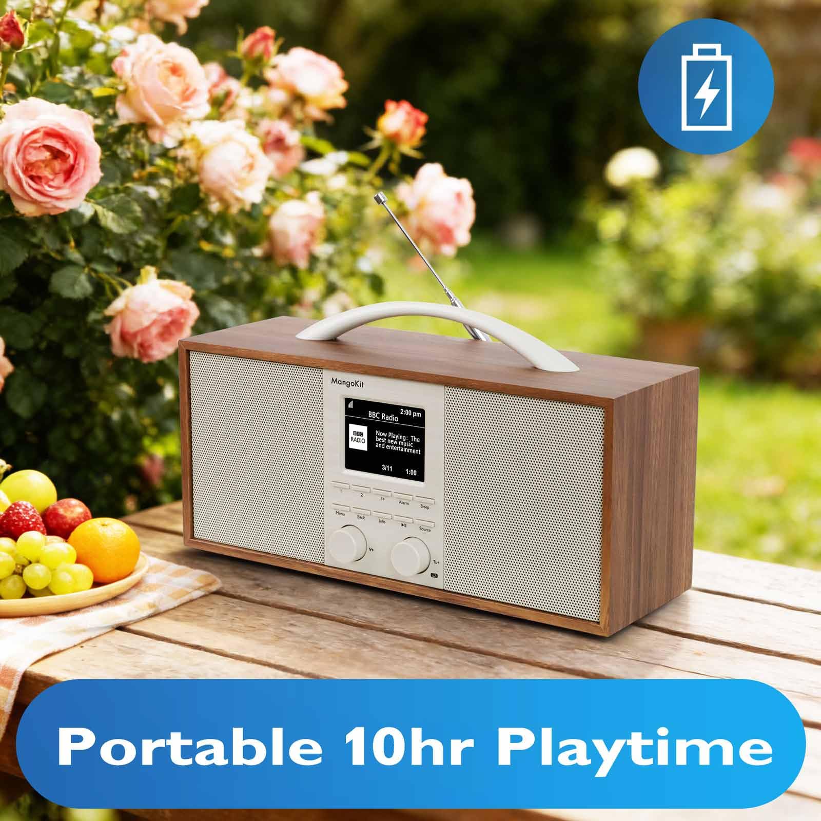 SR40 Radio por Internet Recargable con Bluetooth,Podcast Player-Radio Dab/Dab+ y FM estéreo, batería 10+ Horas, Sonido Real 2.0, 150 presintonías, Radio Despertador, Madera de Primera Calidad