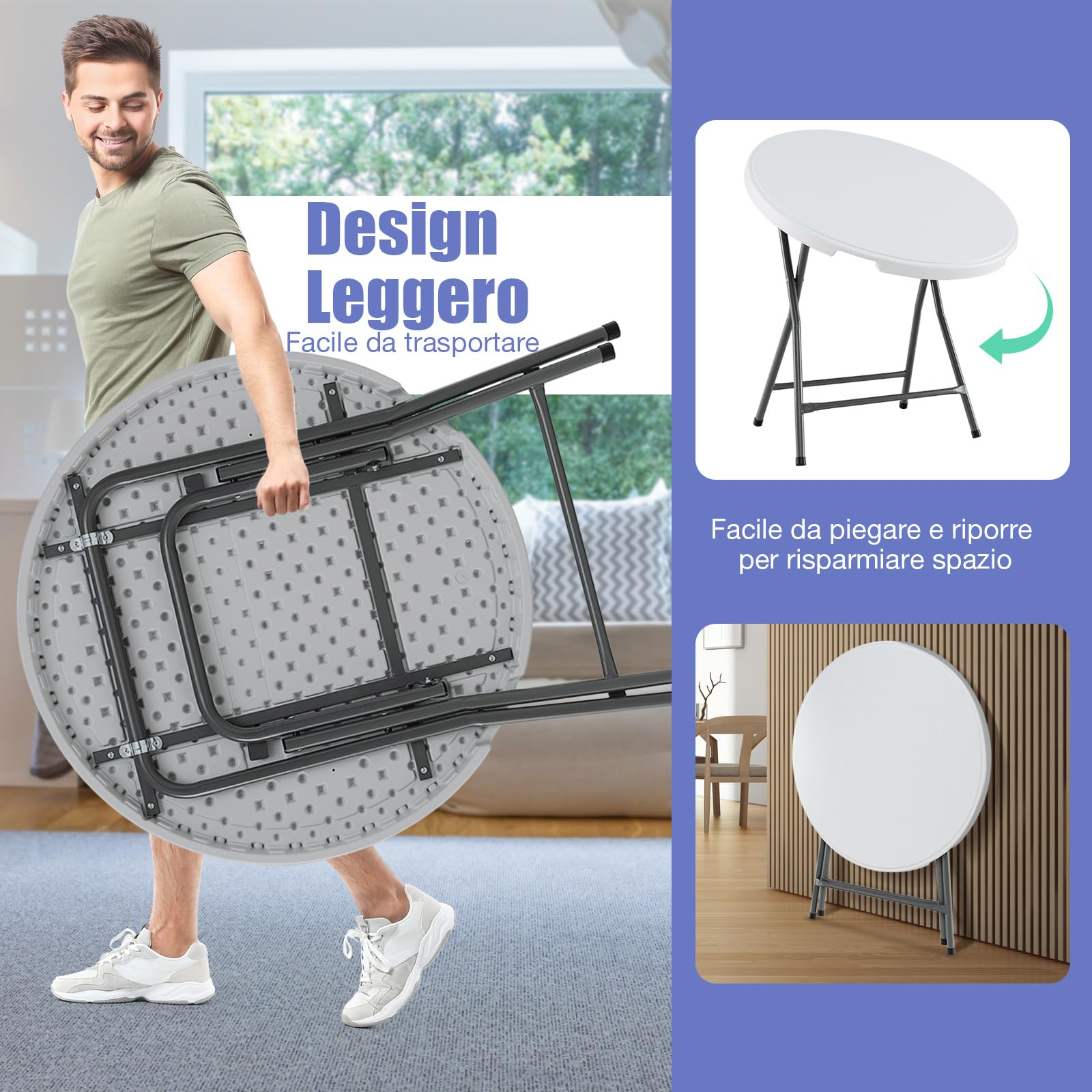 RELAX4LIFE Tavolo Rotondo 81CM, Tavolo Pieghevole in Plastica con Piano in HDPE, Gambe Metalliche Robuste e Pattini Antiscivolo, Tavolino Basso per Esterni e Interni per Picnic, Matrimonio, Campeggio