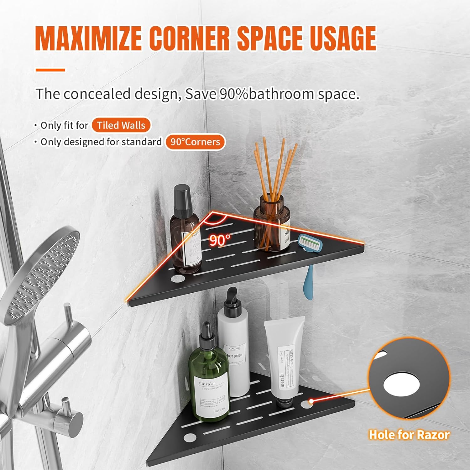 Shower Corner Shelf with Razor Hole, Modern Sturdy Shower Caddy, 10" Rustproof Stainless Steel Shower Organizers Bathroom Shelf for Tile Wall, No Drilling Grout in Shelf for Shower Storage Rack