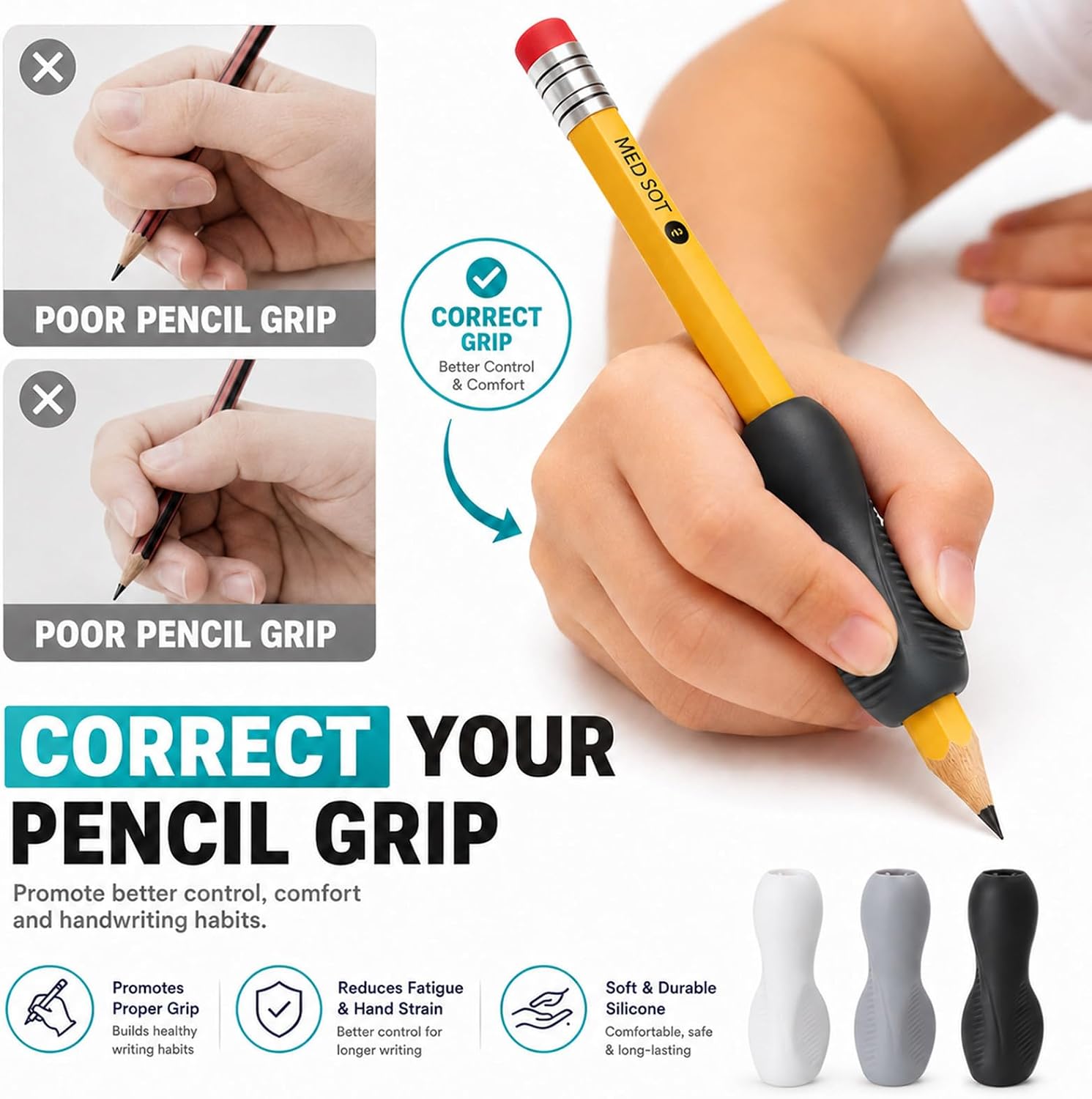 6 Pack Pencil Grips, Ergonomic Silicone Triangular Pencil Holder