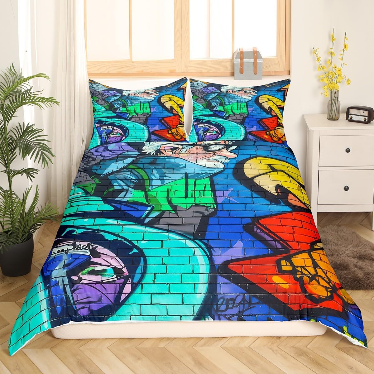 Feelyou Graffiti Comforter Cover Set Rap Hip-Hop Rock Duvet Cover for Teens Boys Street Culture Bedding Set Abstract Art Bedspread Cover 1 Duvet Cover with 2 Pillowcases Queen