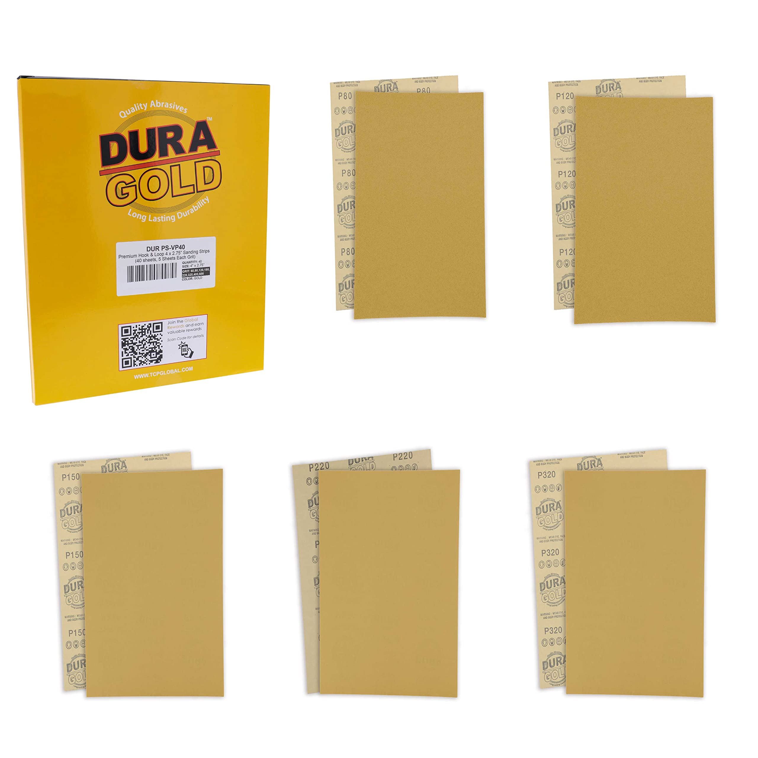 Dura-Gold Papel de lija dorado prémium de grano 40, 60, 80, 120, 180, 220, 320, 400, 600, 1000, 5 x 2.75 pulgadas, con respaldo de velcro, 5 de cada uno/50 en total, lijadoras para carpintería,