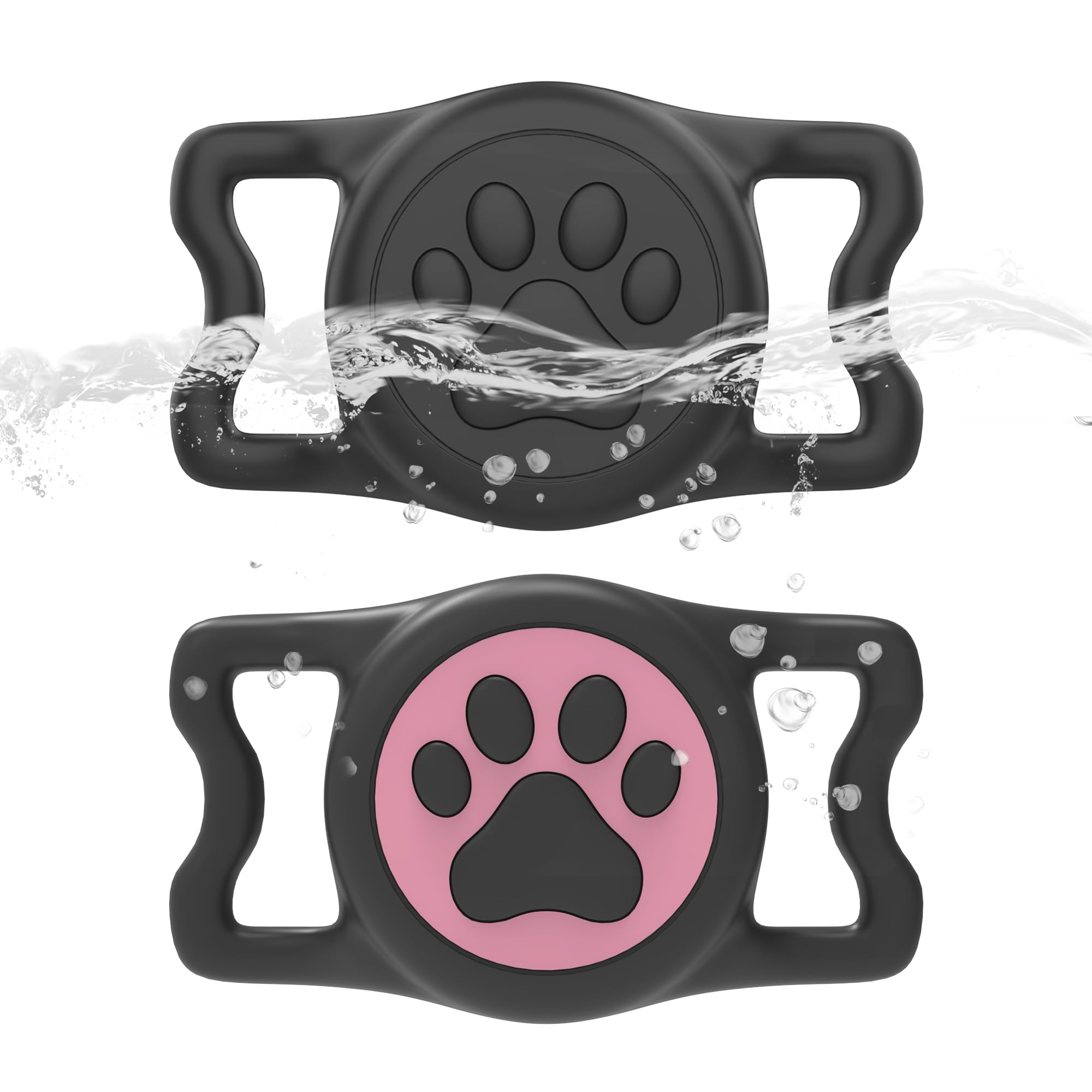 2-Pack Airtag Holder for Dog Collar, Waterproof Silicone Protective Case Cover, Anti-Lost Tracker Universal Fit for All Width Pet Collars(Black&Pink)