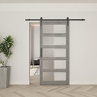 Vista 22 de BARNSMITH Puerta de granero de vidrio de 32 x 84 pulgadas con herrajes para puerta corrediza de níquel cepillado de 5.5 pies incluidos y asa