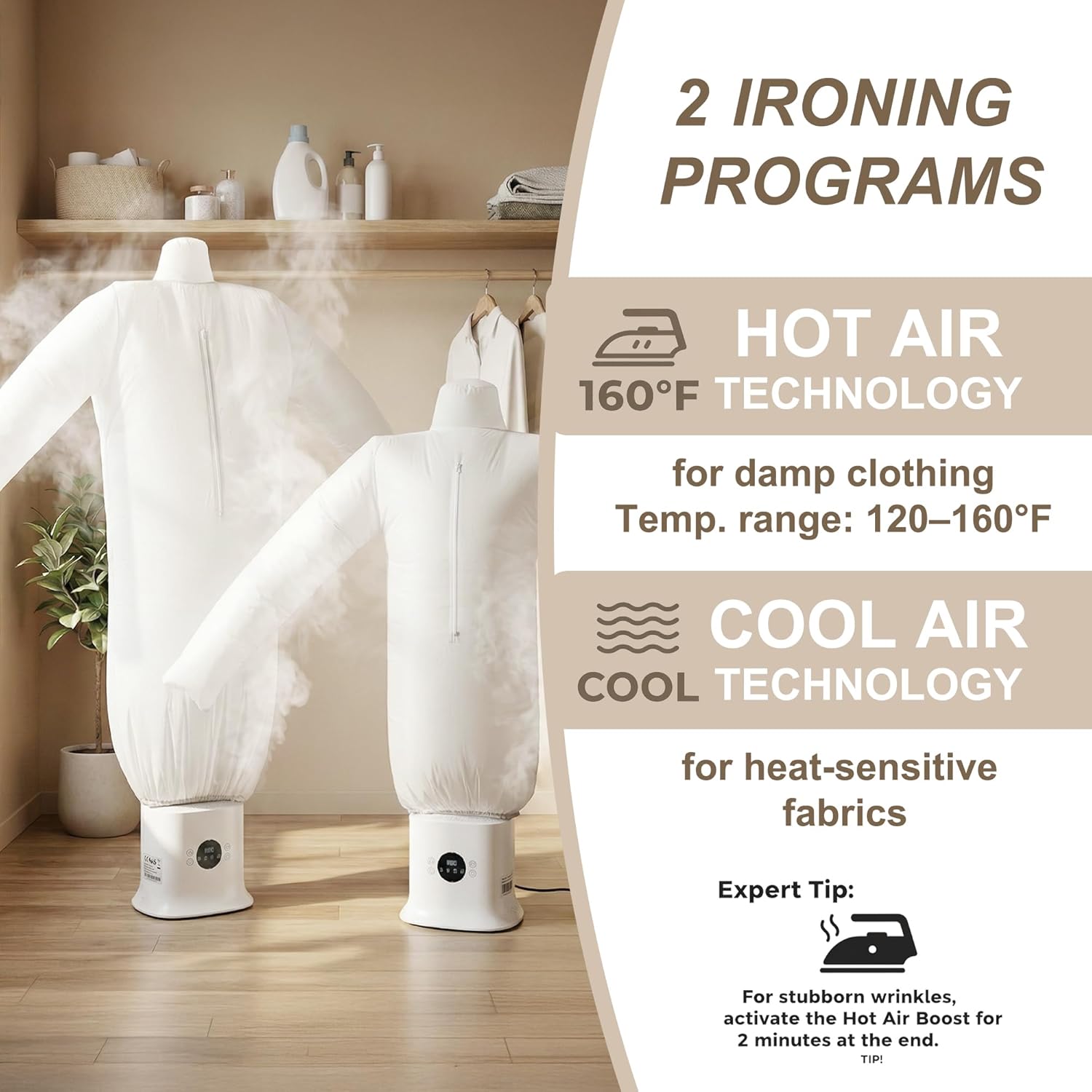 Automatic Ironing Machine 3.0, 3-in-1 Air & Steam Garment Dryer and Iron for Shirts, Pants, Dresses and More, Hands-Free Garment Care with Adjustable Time & Temperature, 1250W Fast Drying System