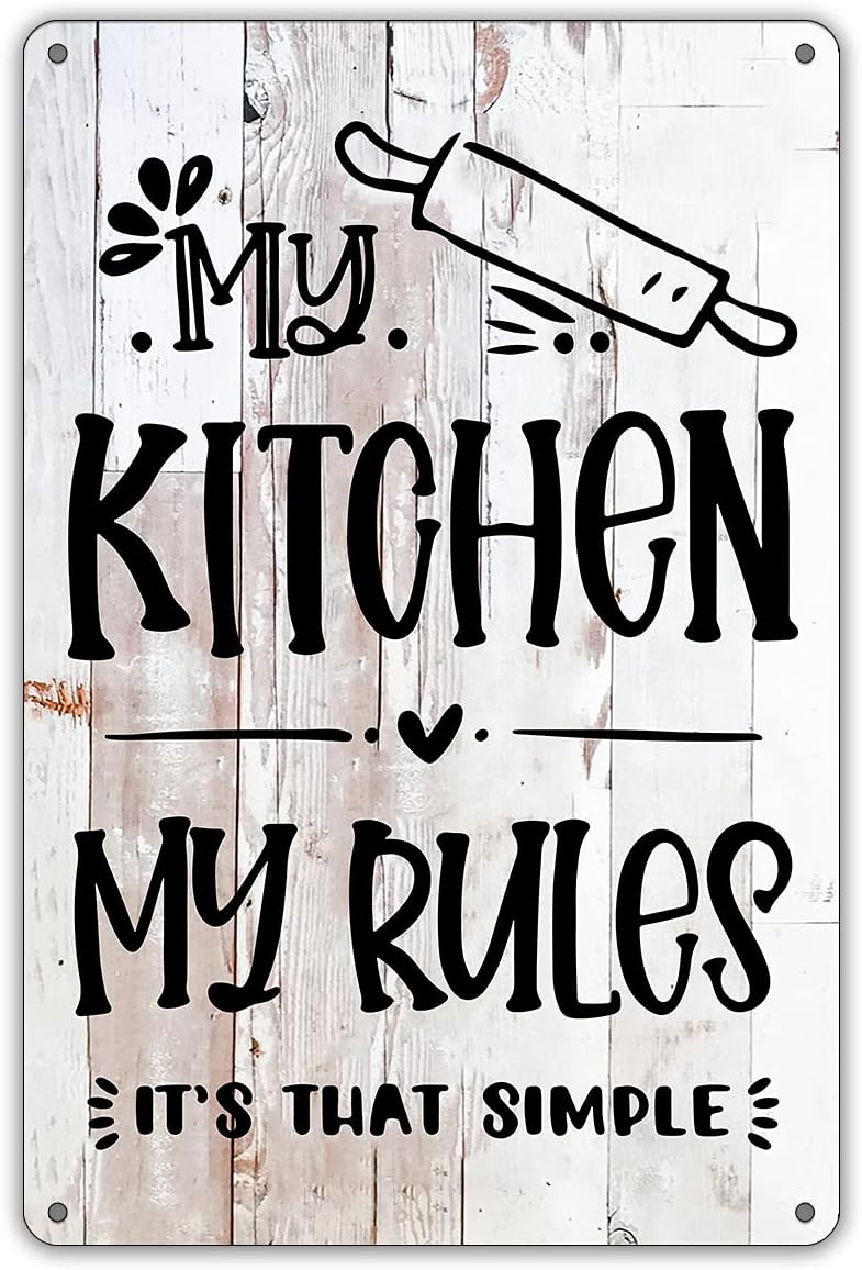 QIONGQI Funny Kitchen Quote Metal Tin Sign Wall Decor, Farmhouse Rustic My Kitchen My Rules Sign for Home Decor Gifts