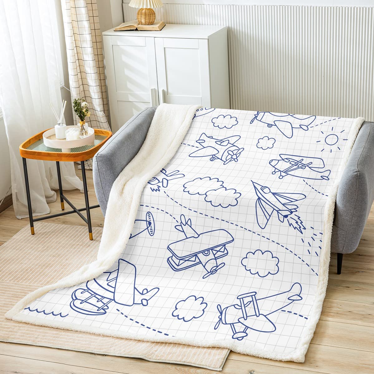 Coperta in pile per bambini, in pile Sherpa, per letto, divano, ragazzi, ragazze, camera da letto, decorazione nuvola, da viaggio, in peluche, per donne, uomini, aerei, blu e bianco, per regina 200 x