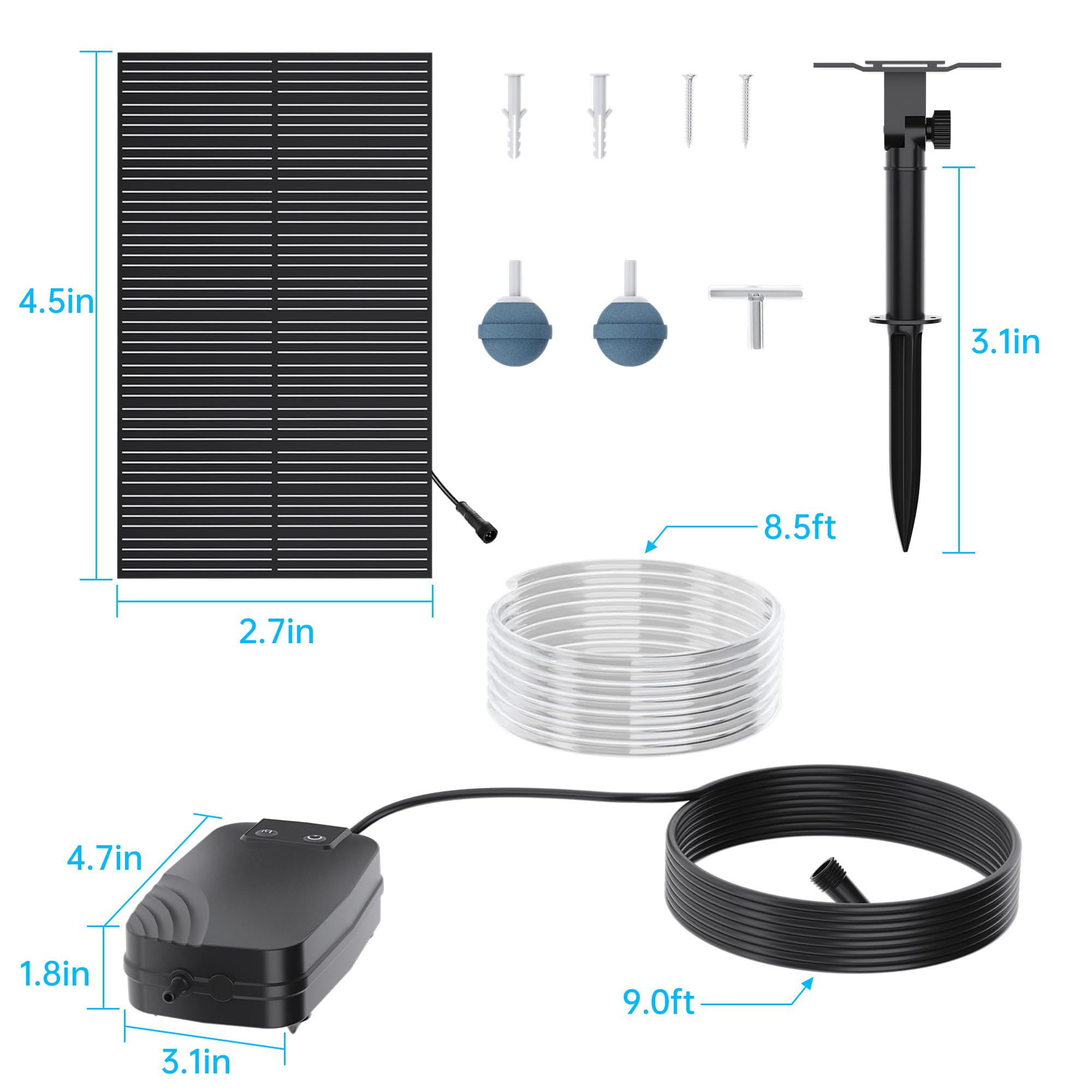 Biling - Aeratore solare per laghetto, pompa di ossigeno con batteria da 1500mAh, pannello in vetro da 2W, tubo da 3m, IPX5, silenziosa pompa ad aria solare per giardino, laghetto da pioggia