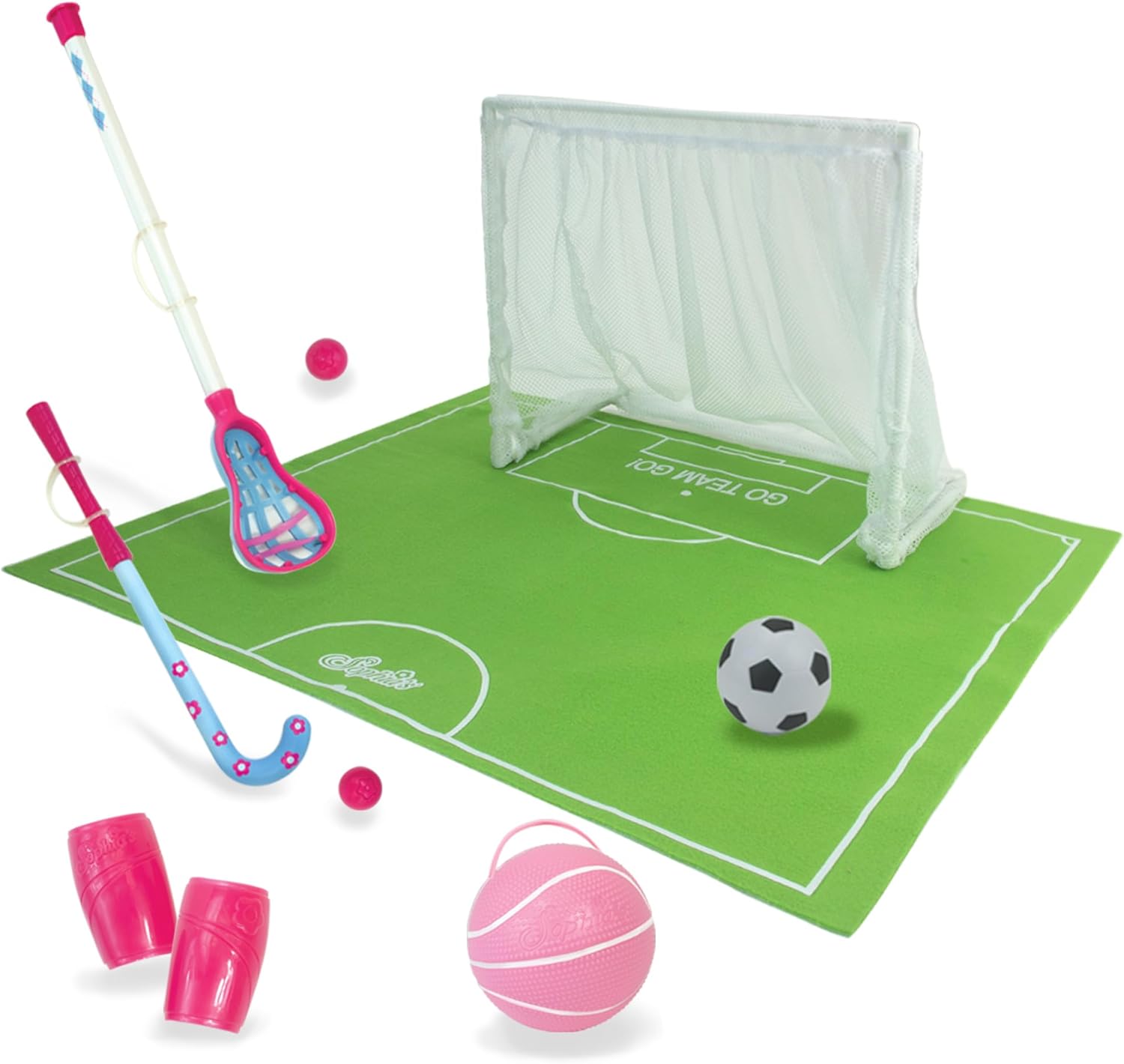 Sophia's Complete Lacrosse, Field Hockey, Soccer, & Basketball Sports Equipment Playset with Turf Mat & Goal for 18” Dolls, Pink/Green