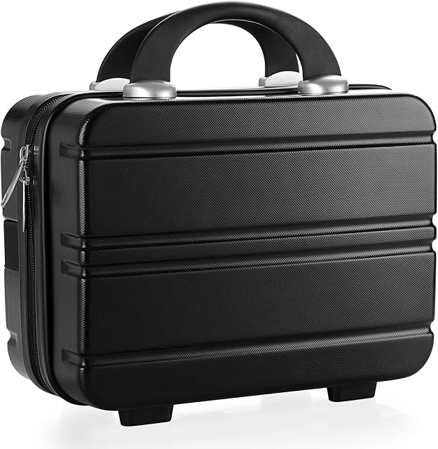 Tolida Makeup Travel Case, Hard Shell Cosmetic Organizer Bag with Elastic Band and Soft Handle, Portable Mini ABS Carrying Suitcase Waterproof, Travel Bag for Toiletry, Skin Care (Black)
