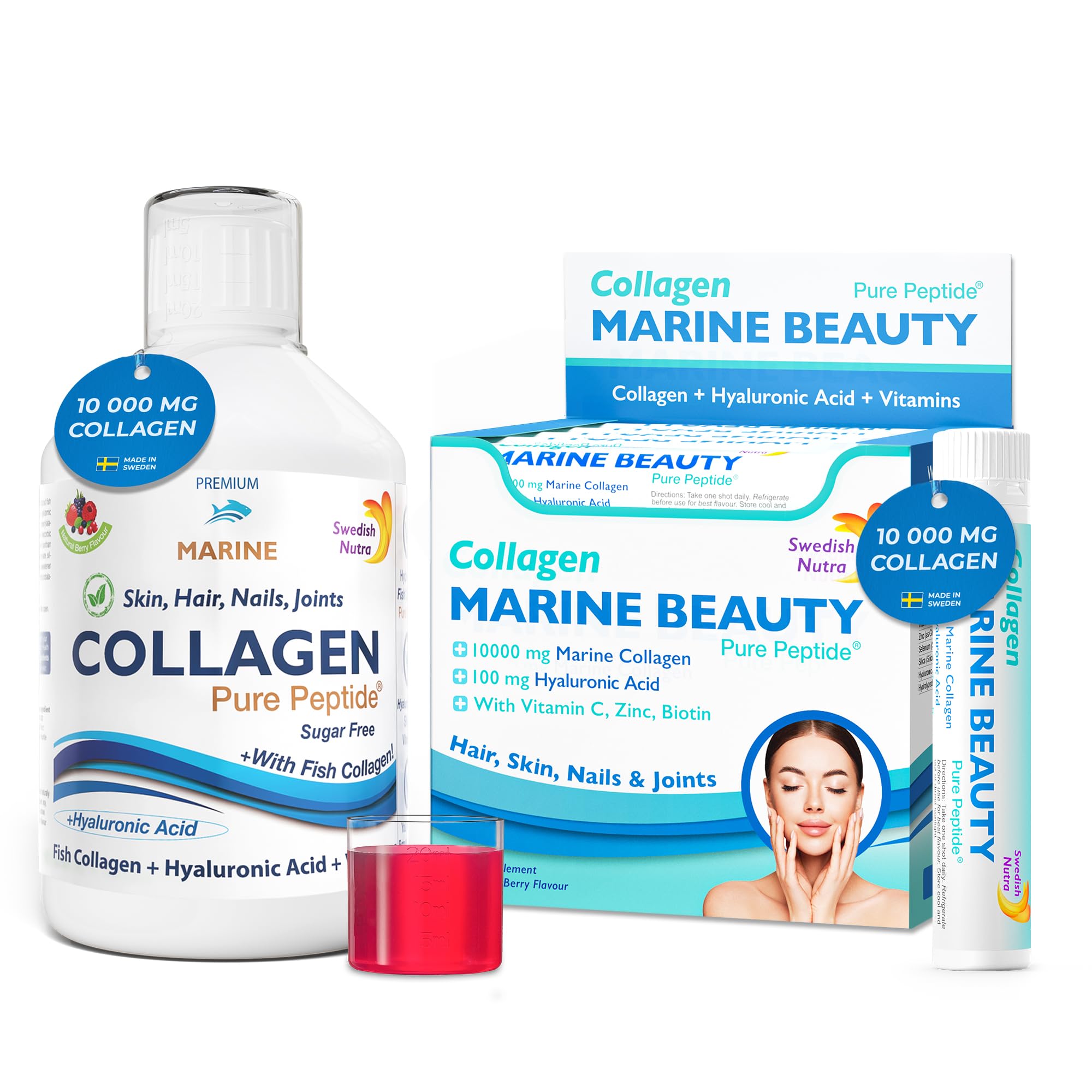 Swedish Nutra - Marine Collagen 10000 mg 500ml & Marine Beauty (20 Shots) I Sugar-Free I Hair, Skin and Nails - 40 Day Supply