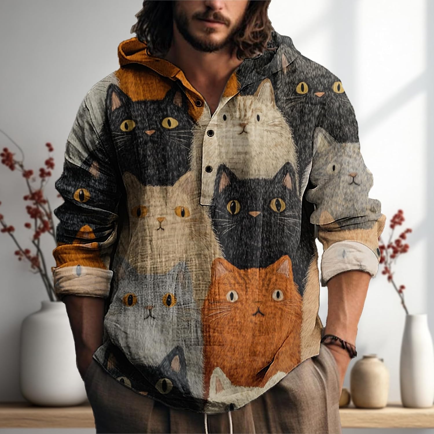 MARSVOVO Mens Japanese Art Long Sleeve Hooded Shirts Lightweight Quarter Button Hoodie Casual Cool Tops for Spring Fall - Image 2