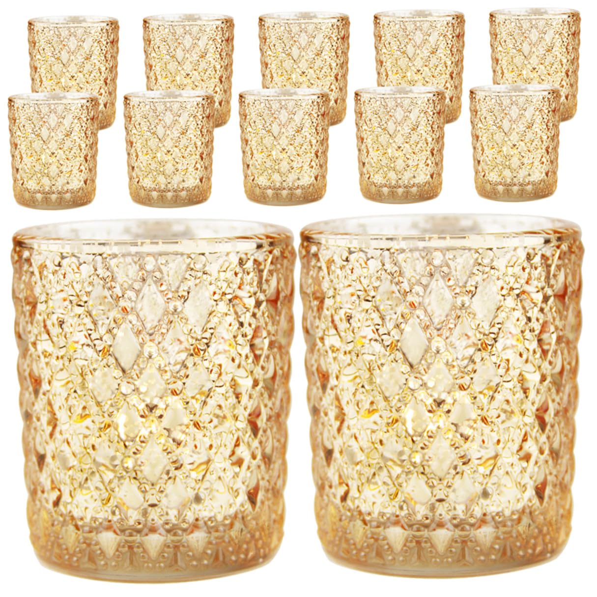LALAFINA Bicchierini per Candele Design a Rilievo Europeo in Vetro Oro Set 12 Pezzi Portacandele Eleganti e Pratici per Vita Quotidiana e Eventi Speciali