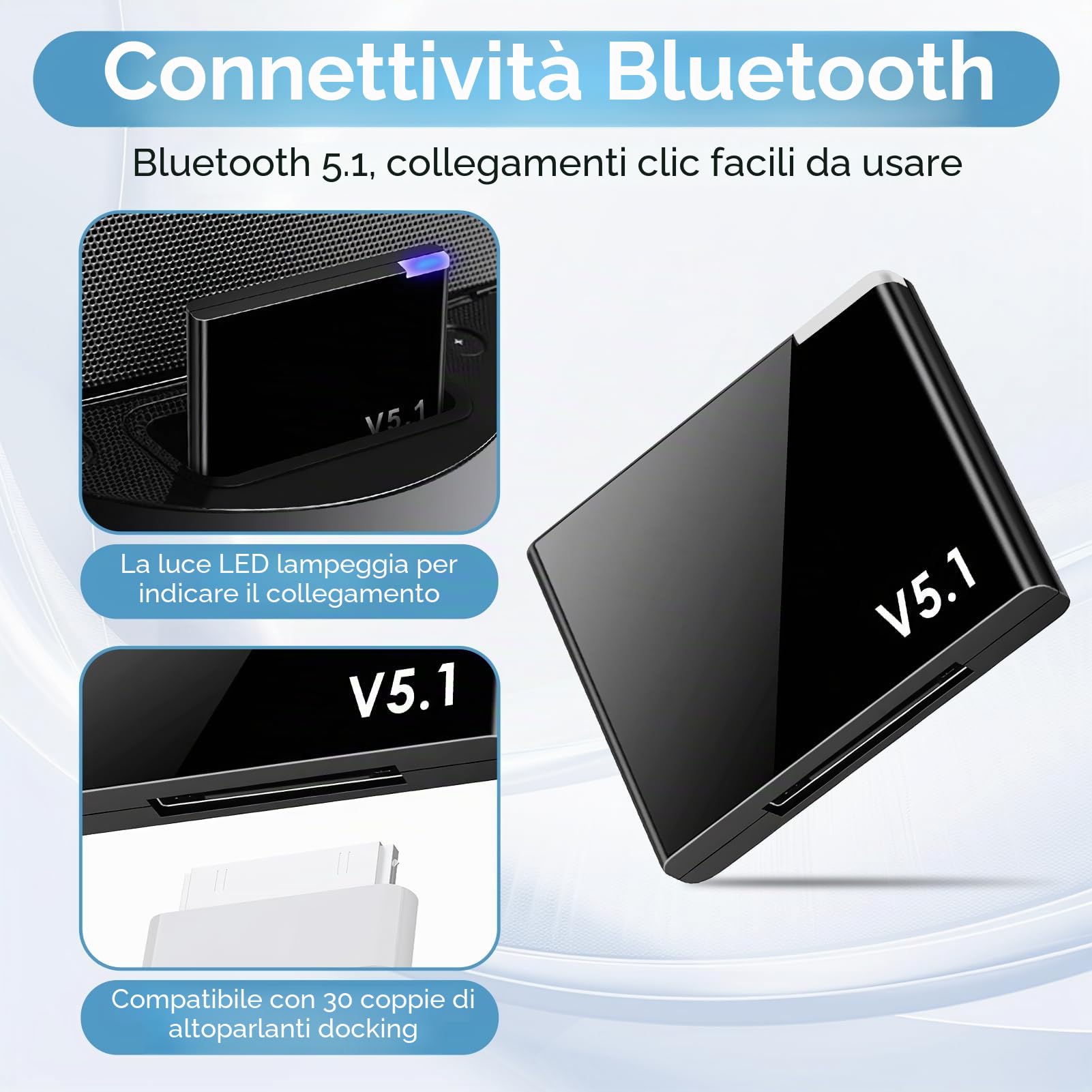 Adattatore Bluetooth 5.1 30 pin per Bose e altri dispositivi con AptX e connessione stabile fino a 20 metri, adattatore Bluetooth per auto e catena Hi-Fi