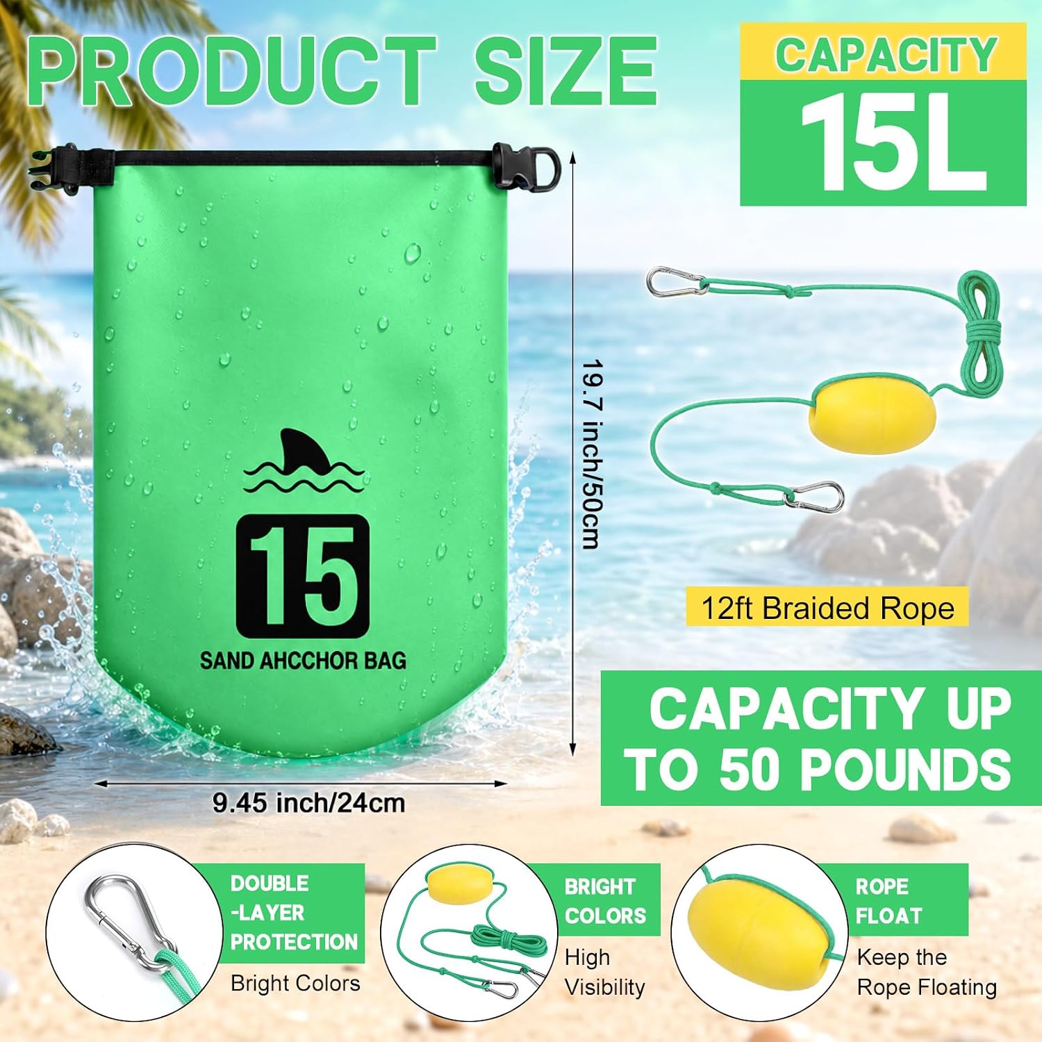 Lewtemi 15L Sand Anchor Bags 2 in 1 Floating Bag for Boats | Waterproof Dry Bag, Kayak Anchors Kit with Adjustable Buoy, Hiking, Paddle, Boating, Beach Water Sports, Surfing and Tubing