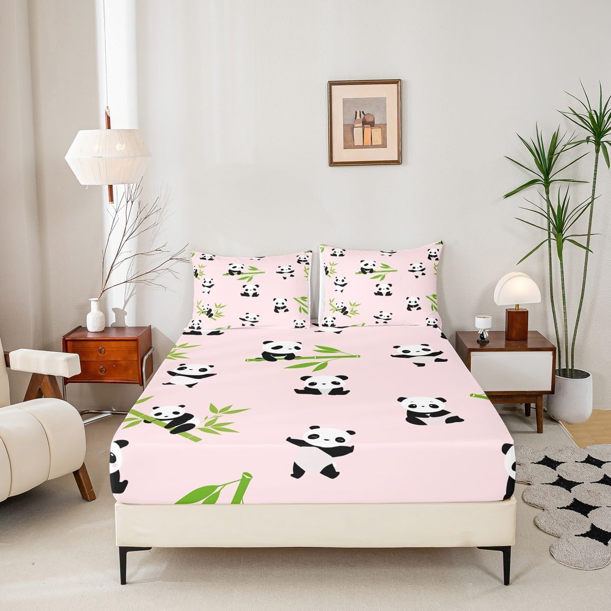 Panda Fitted Sheet Kids Cute Animal Bedding Set for Boys Girls Cute Cartoon Panda Bed Sheet Set Breathable Panda Bear Printed Pink Bed Cover Room Decor Quilt Cover Twin Size
