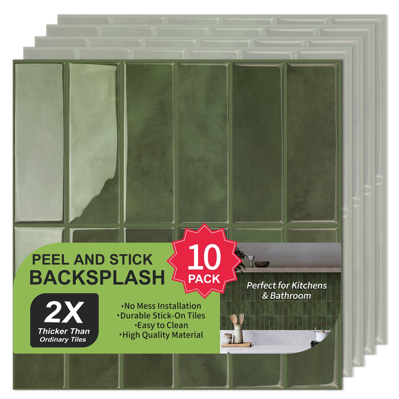 3D Stick on Tiles, Extra Thick Self Adhesive Wall Tiles, Vinyl Peel and Stick Wall Tile, Rectangle Subway Tile Sticker for Kitchen, Bathroom, Laundry, 10 Sheets of 30.5x30.5cm