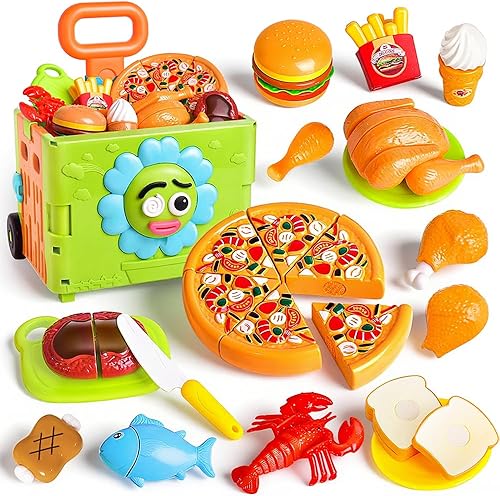 Juego de comida de juego de simulación para niños, juego de cocina - 45 juguetes de corte 3 en 1 para niños con carrito de almacenamiento plegable