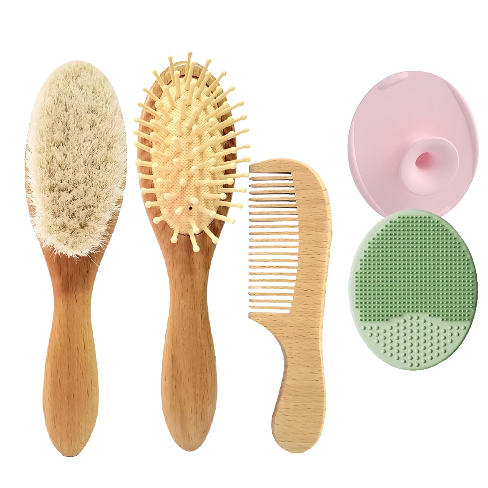 5Pcs Soft Baby Brush Set, Toddler Hair Brush and Cradle Cap Comb, for Gentle Scalp Care Natural Wooden Handle Suitable for Newborns Toddlers Baby Grooming Essentials