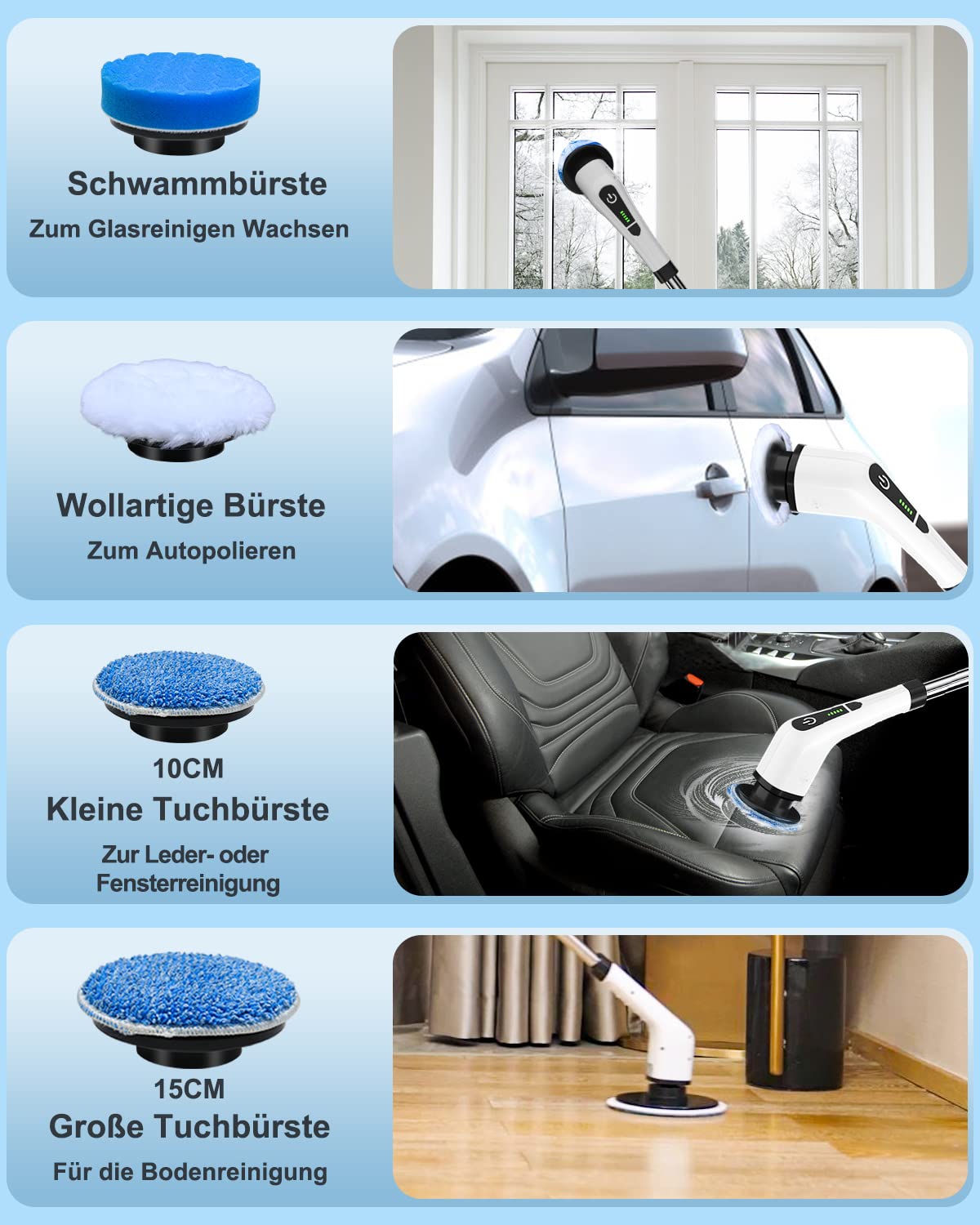 Leebein Elektrische Reinigungsbürste,Electric Spin Scrubber schnurlos mit 8 austauschbaren Bohrbürstenköpfen, Wanne und Bodenfliese mopSet mit 137cm verstellbarem Griff für Bad Küche Auto Fußboden