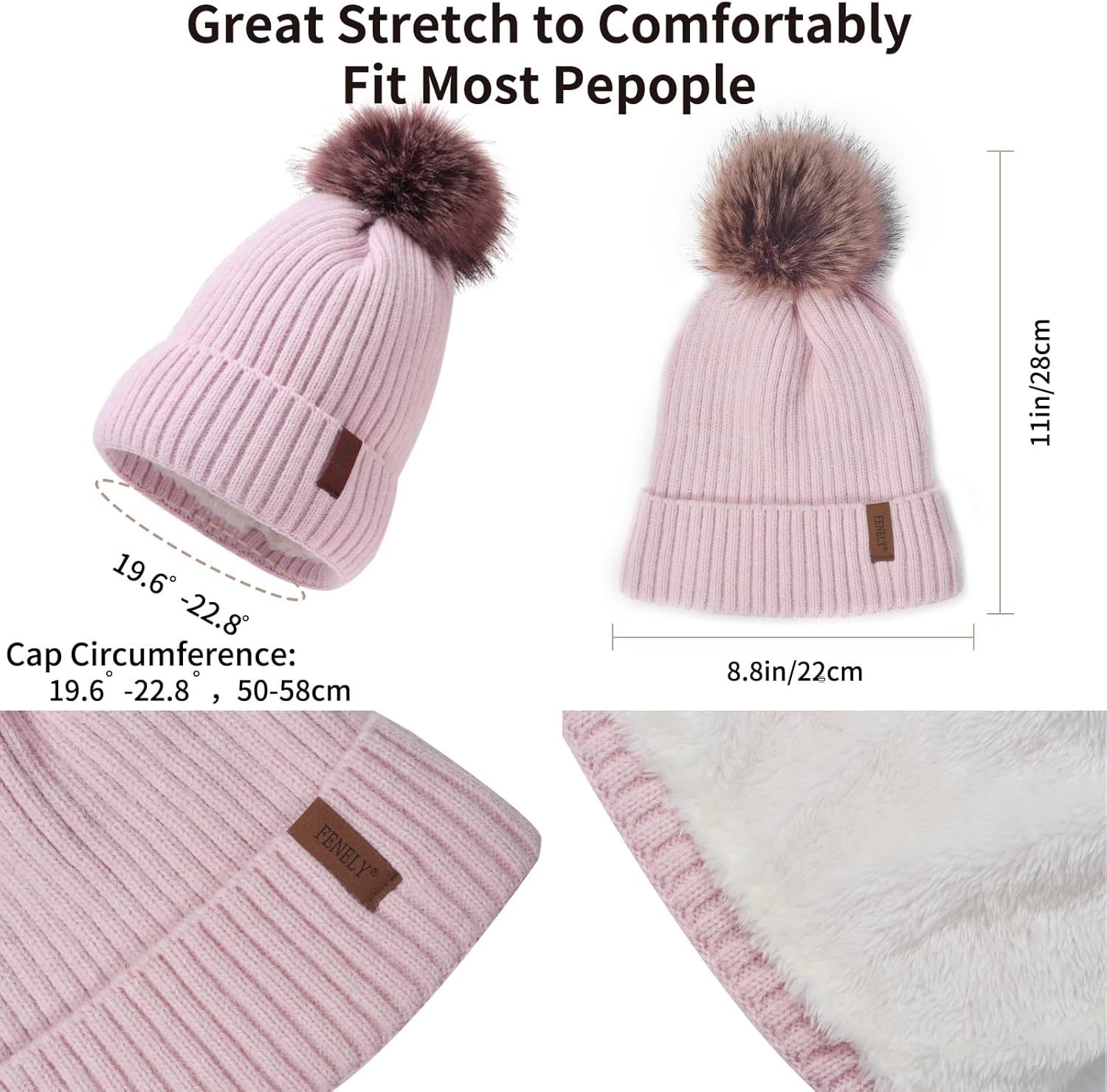 Winter Beanie Hat Scarf Gloves Set for Women, Classic Beanie with Removable Pom Pom Long Scarf Touchscreen Gloves 3 in 1 Set - Image 5