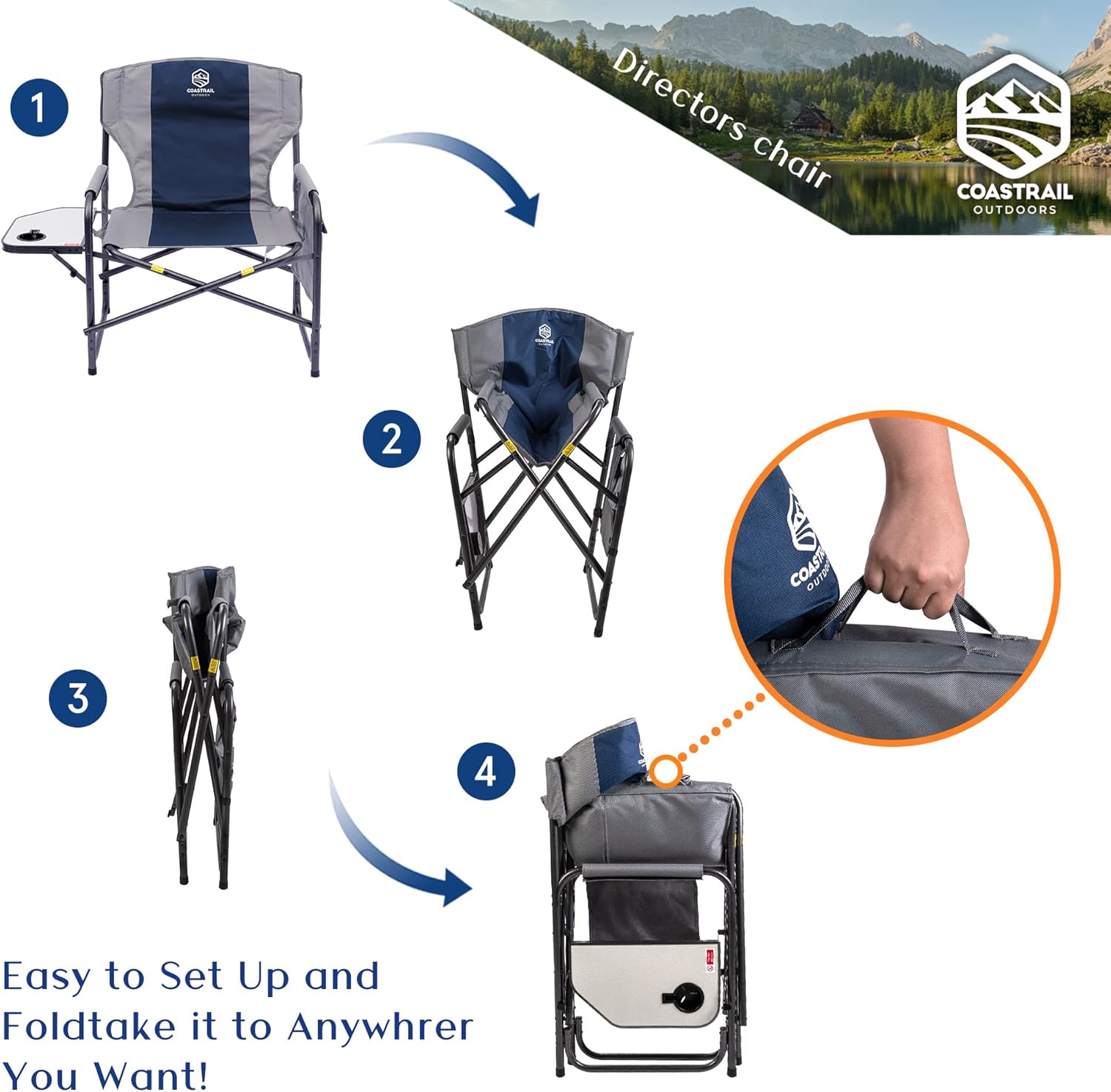 Coastrail Outdoor XXL Oversized Director Chair Supports 600lbs, 28" Wide Fully Back Padded for Adults Heavy Duty Folding Camping Chair with Side Table & Storage Pocket, Blue : Sports & Outdoors