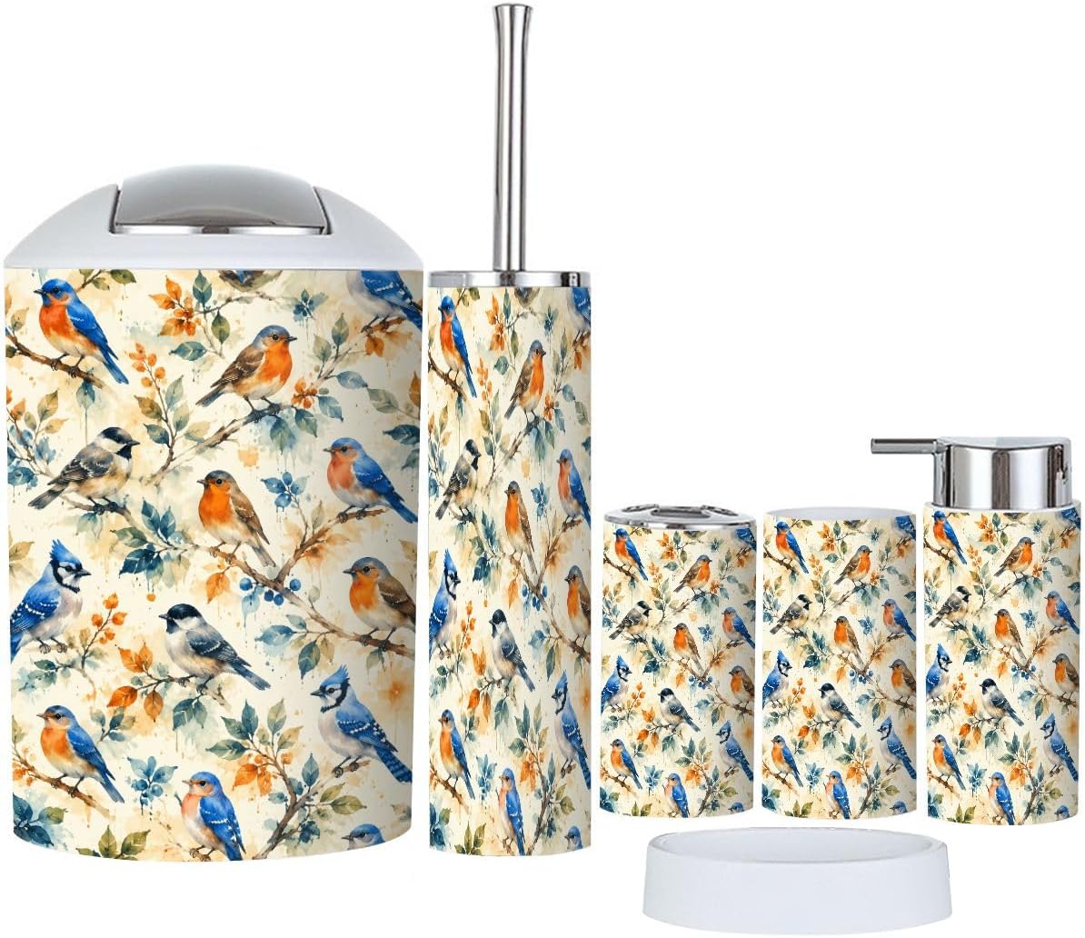 Bathroom Accessories Set 6 piece Watercolor Colorful Birds Plastic shatterproof Vanity Organization countertop Decor for Home, Apartment, Dorm