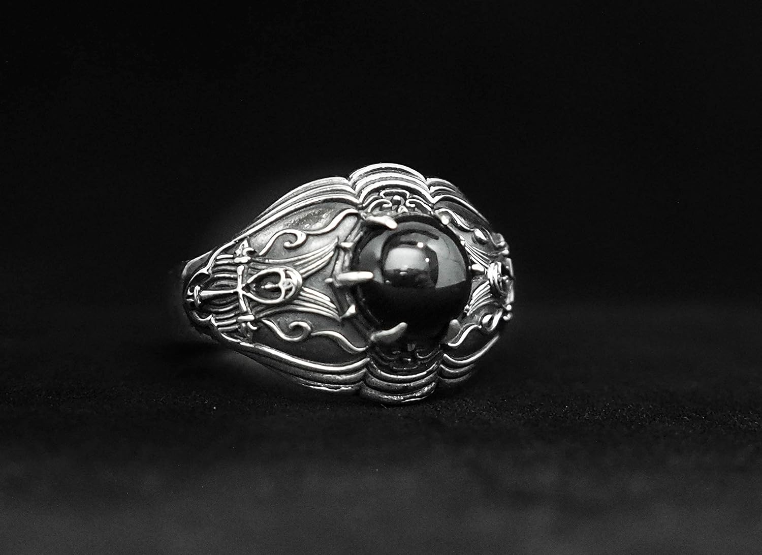 Ankh Onyx Ring, Ancient Egyptian Cross Ankh Ring, Egyptian Ring, 925 Sterling Silver