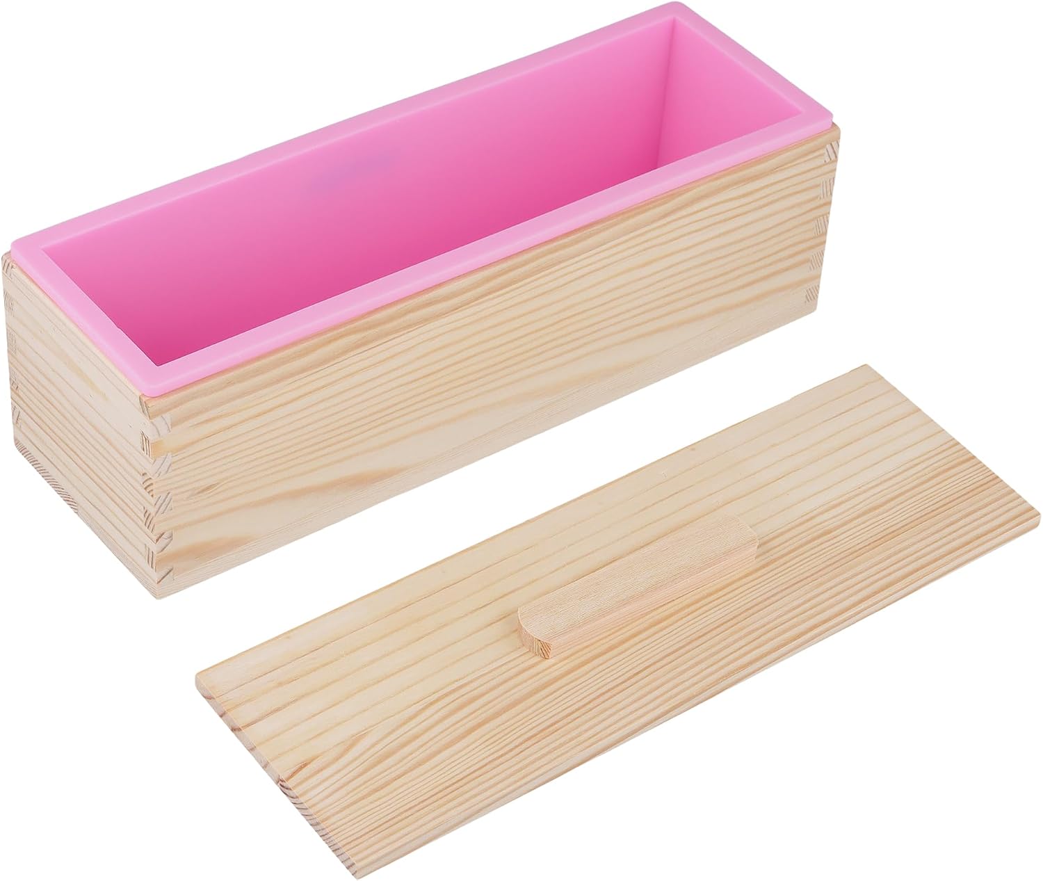 4PCS 42oz Silicone Soap Kit, Pink Rectangular Silicone Loaf Soap Making with 4 Wooden Boxes and 4 Lids, DIY Supplies for Soap Making