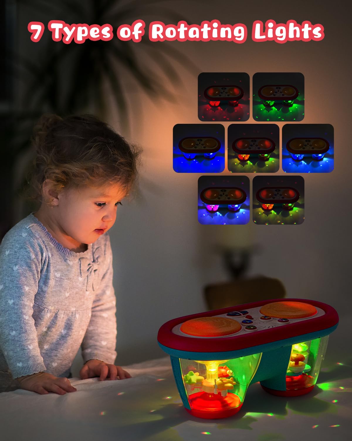 Juguetes para bebés de 6 a 12 meses, instrumentos musicales de tambor, juguetes giratorios con luz para niños de 12 a 18 meses, juguetes para el tiempo boca abajo para bebés de 0-3-6-9 meses, 4