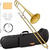 SONICAKE Bb Tenor Slide Trombone for Beginners Gold Lacquer Brass Trombone Full Kit with 7C Mouthpiece, Hard Case, Gloves