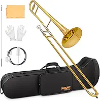 SONICAKE Bb Antigo Trombone Latão Verniz Dourado, Conjunto Completo para Iniciantes com Bocal 7C, Estojo Rígido, Luvas e Kit de Limpeza QTB-01