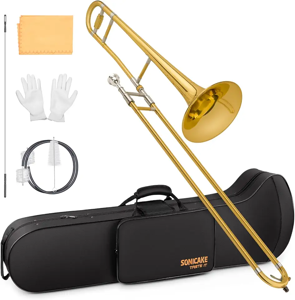 SONICAKE Bb Antigo Trombone Latão Verniz Dourado, Conjunto Completo para Iniciantes com Bocal 7C, Estojo Rígido, Luvas e Kit de Limpeza QTB-01